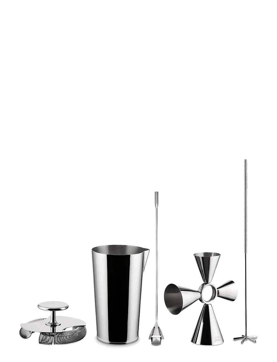Alessi - Set: mixing glass, "Quadri Combo Jigger", double, mixing spoon and "Baton Lélé" stirrer - shaker & cocktail-utensilien - steel - 3
