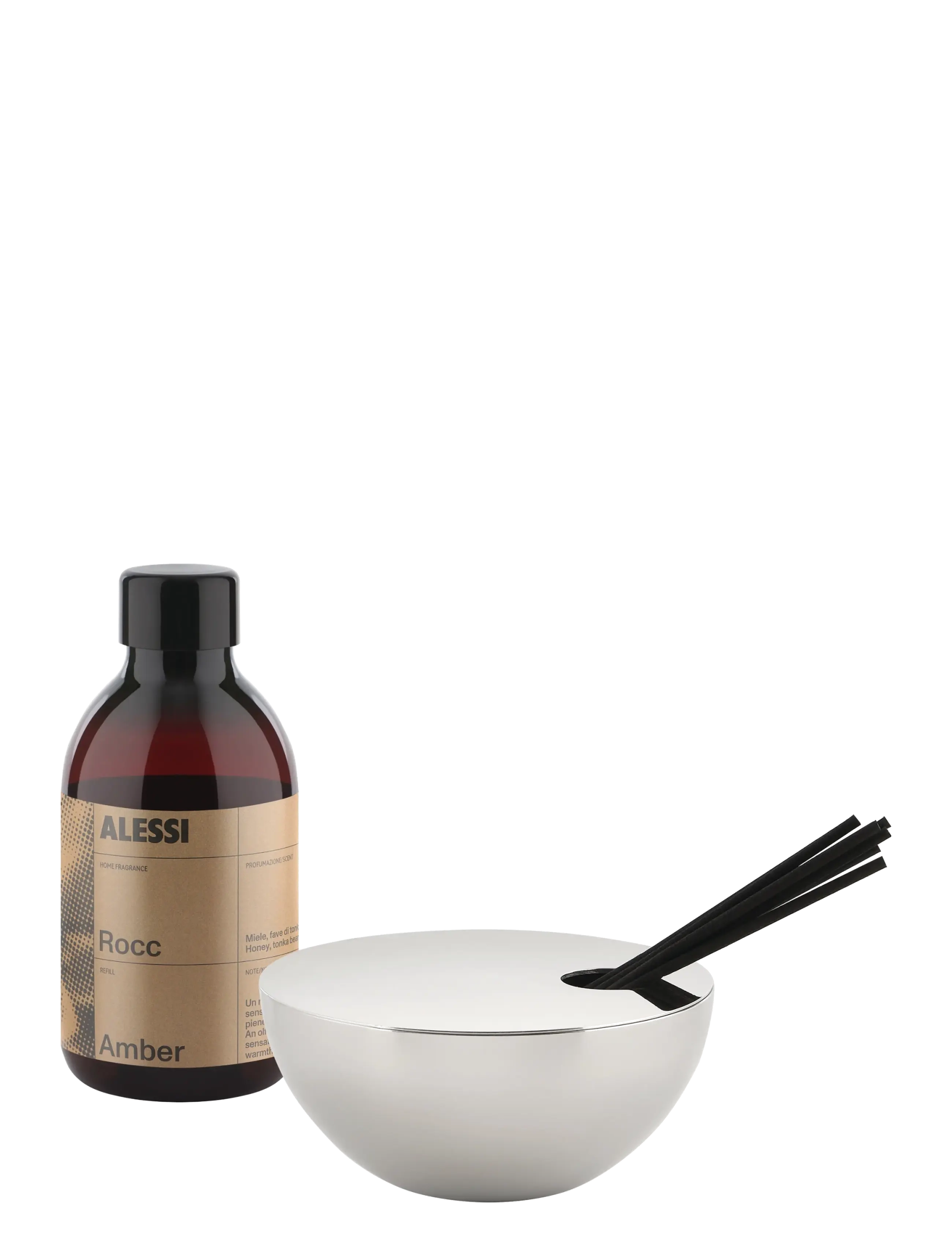 Alessi Diffuser with lid in 18/10 stainless steel Refill and rattan sticks Fragrance Amber - Bequeme Looks - STEEL / silver