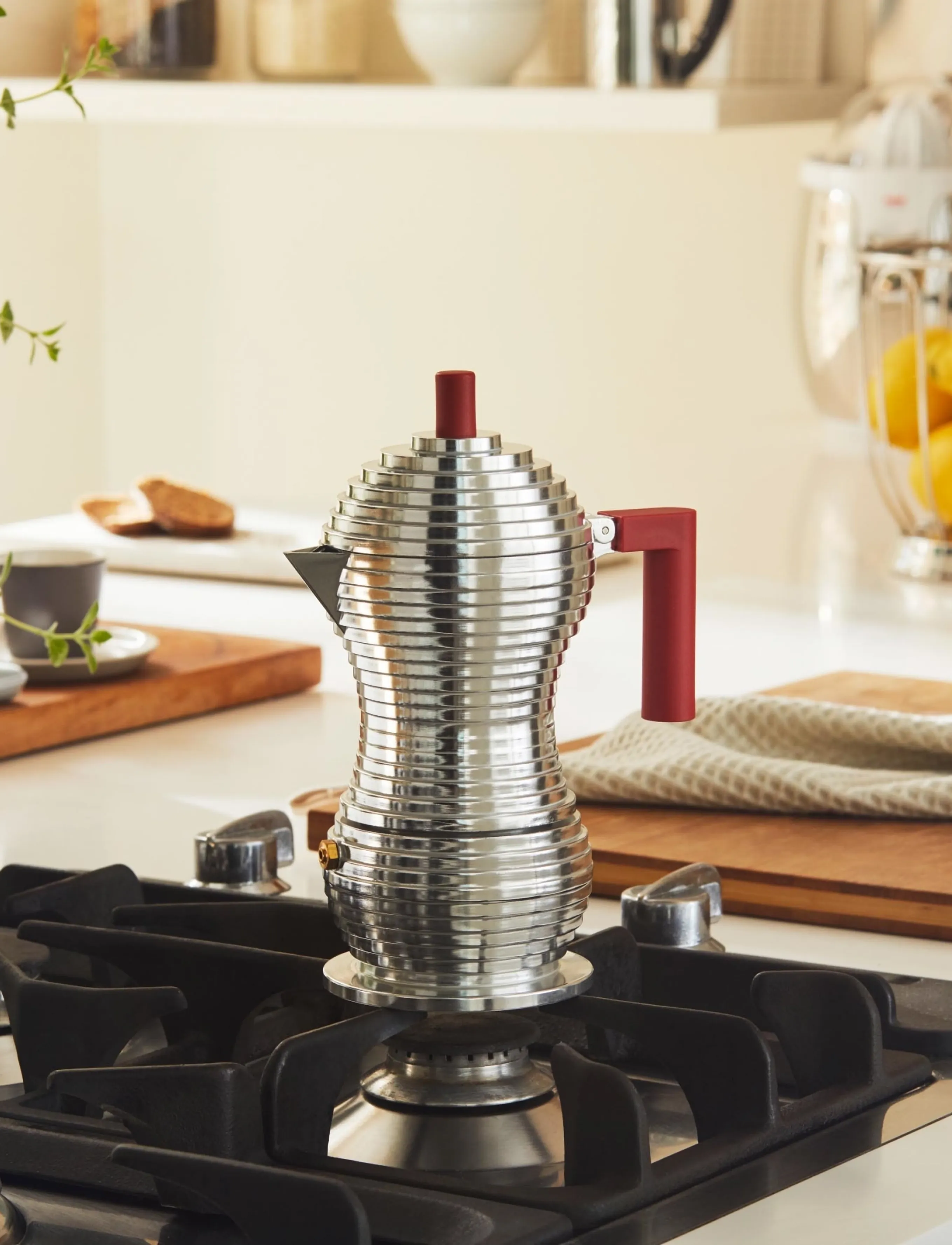 Alessi Espresso Maker In Aluminum Handle/Knob In Pa, Red Induction Filter American Coffee 6 Cups, 6 CUPS, Red, Kaffemaskiner > Mokkakander, Unisex