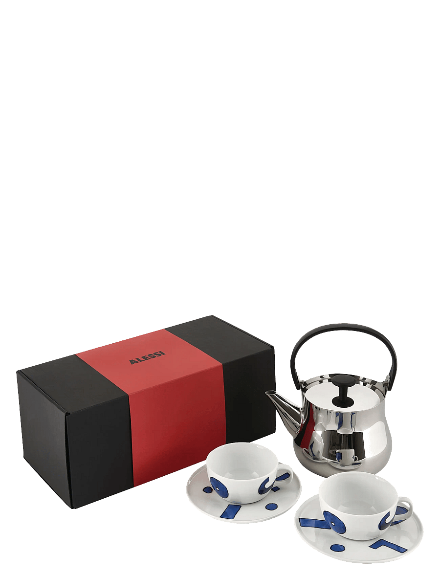Alessi - Set consisting of kettle ‘Cha’ and two teacups with saucers in decorated porcelain - teekannen - steel - 1