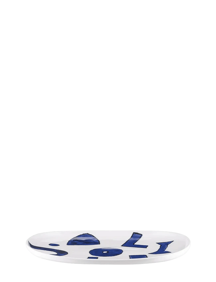 Alessi - Oval serving dish in white ceramic Pattern design by Samiro Yunoki - servierplatten - white/blue - 1