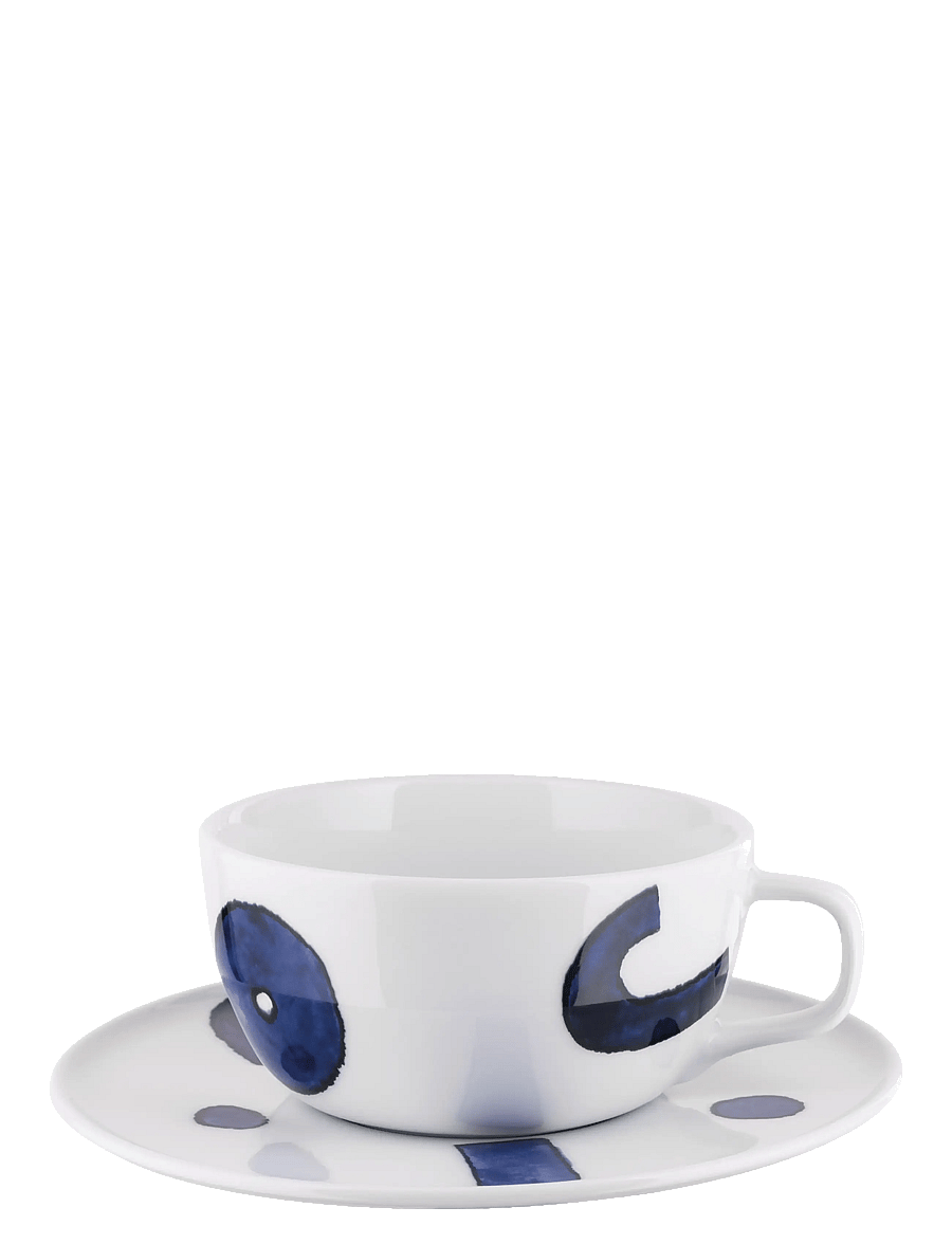 Alessi - Set of teacup with saucer in white porcelain Pattern design by Samiro Yunoki - teetassen - white/blue - 1
