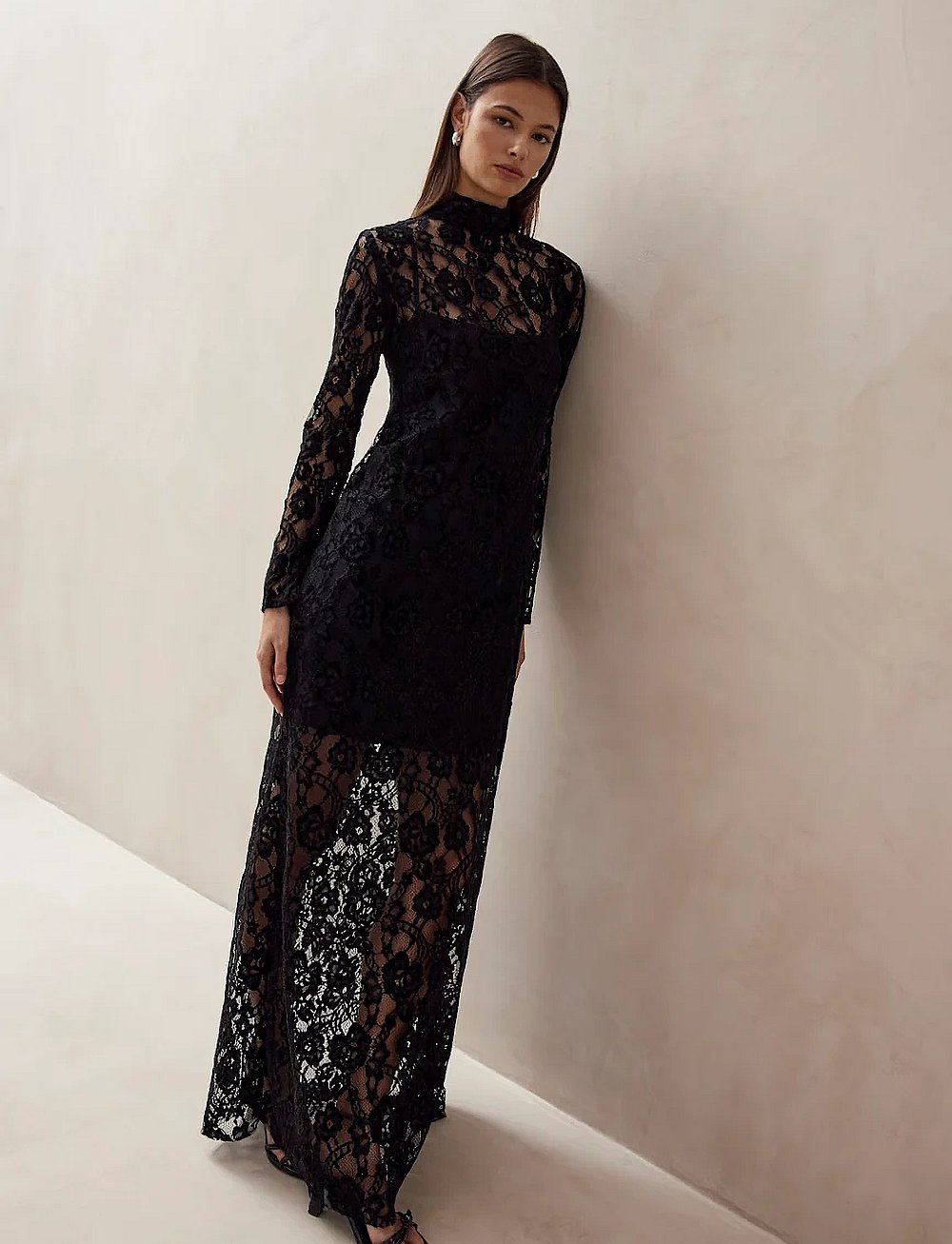 bhldn high neck lace maxi dress Beau | Black Lace High-Neck Maxi Dress With Draped Detail Club L London