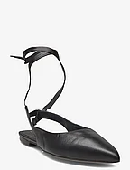 Ribbon Black Leather Ballet Flats - BLACK
