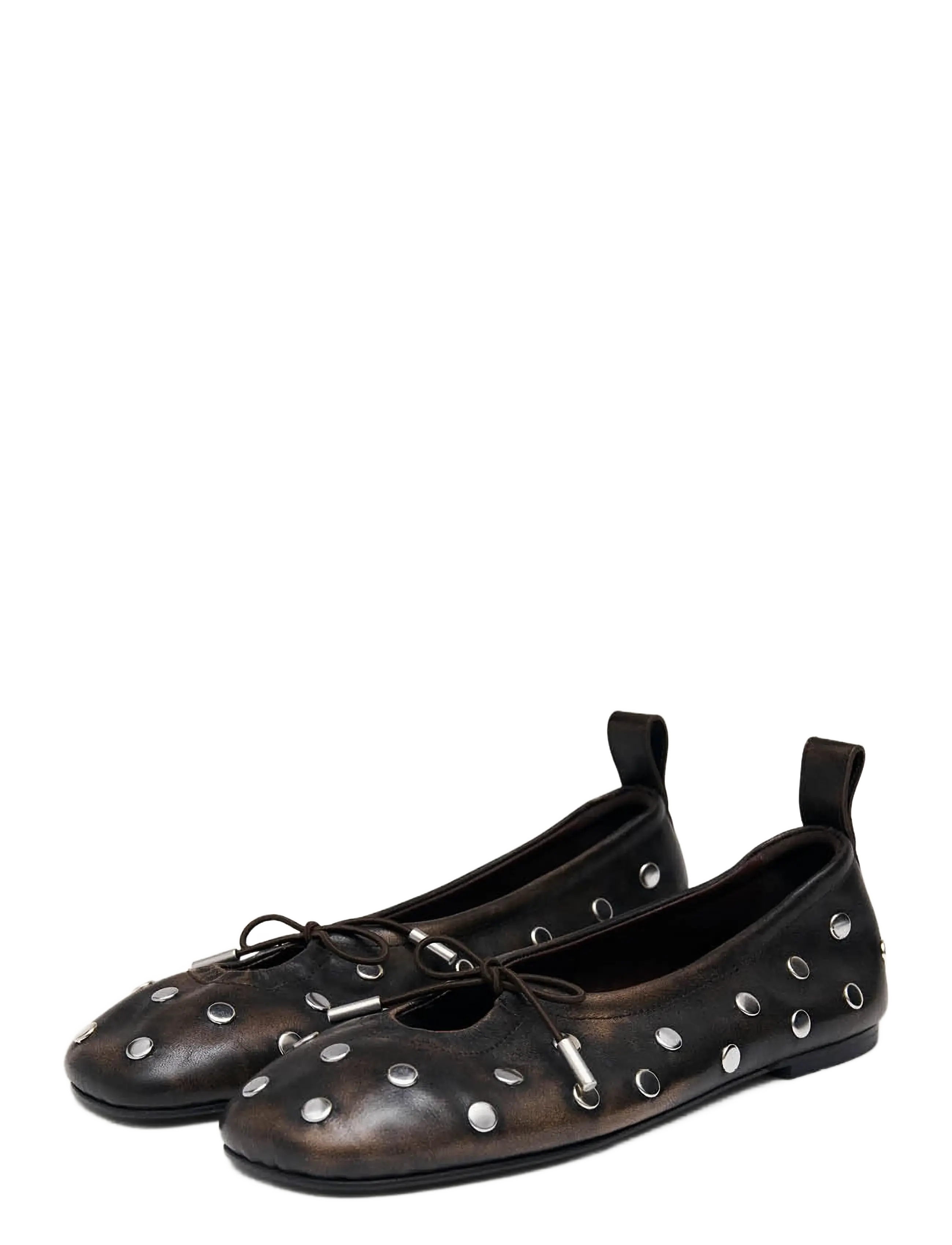 ALOHAS Rosalind All Studs Vintage Effect Brown Leather Ballet Flats - Ballerina sko - BROWN / brown
