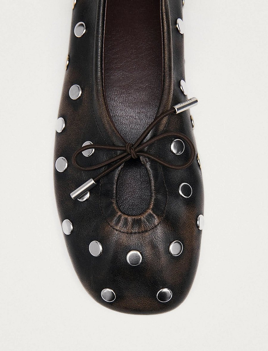 ALOHAS - Rosalind All Studs Vintage Effect Brown Leather Ballet Flats - brown - 4