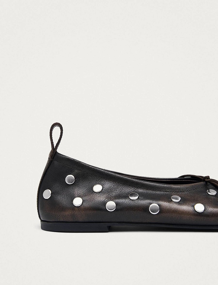 ALOHAS - Rosalind All Studs Vintage Effect Brown Leather Ballet Flats - brown - 5