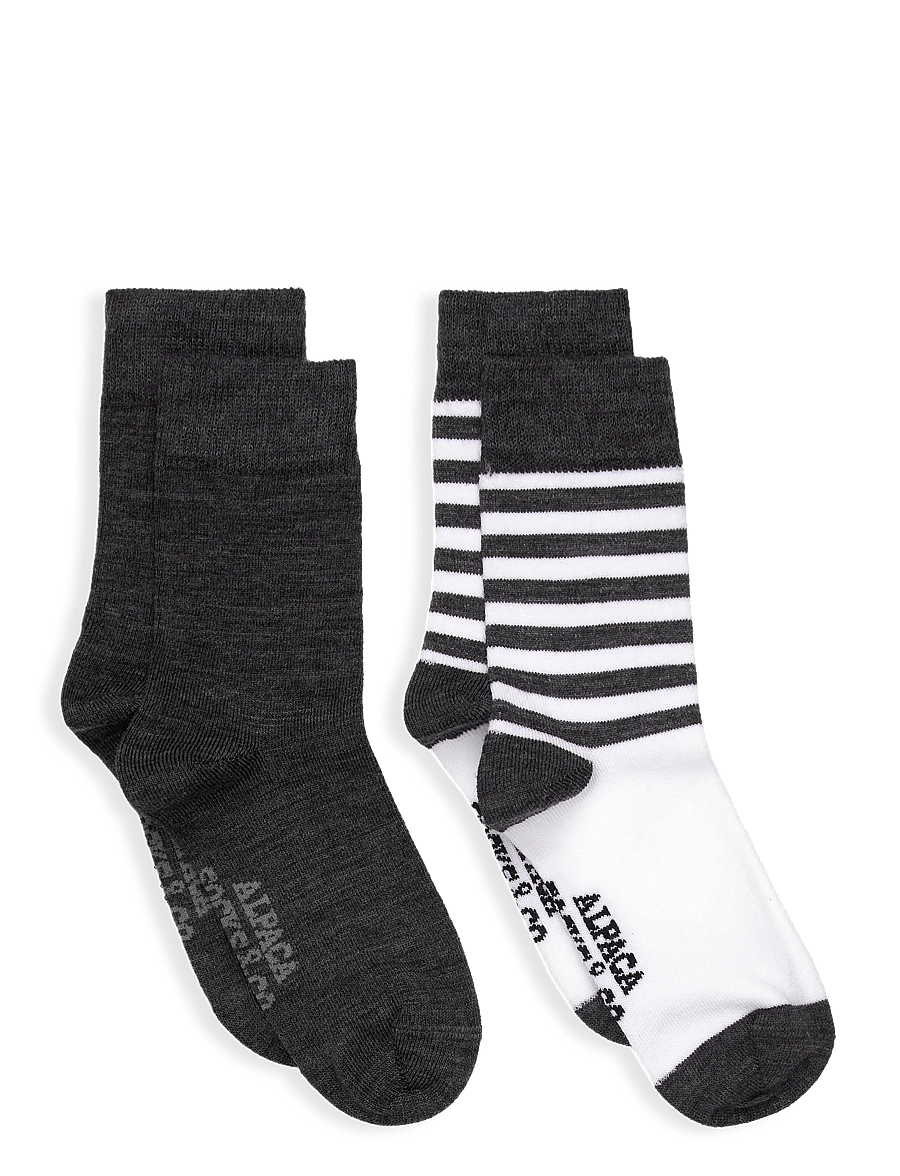 Alpacasocks&Co - Merino Lifestyle Kids 2-pack - strømper - superbianco dark grey stripes/dark grey solid - 0