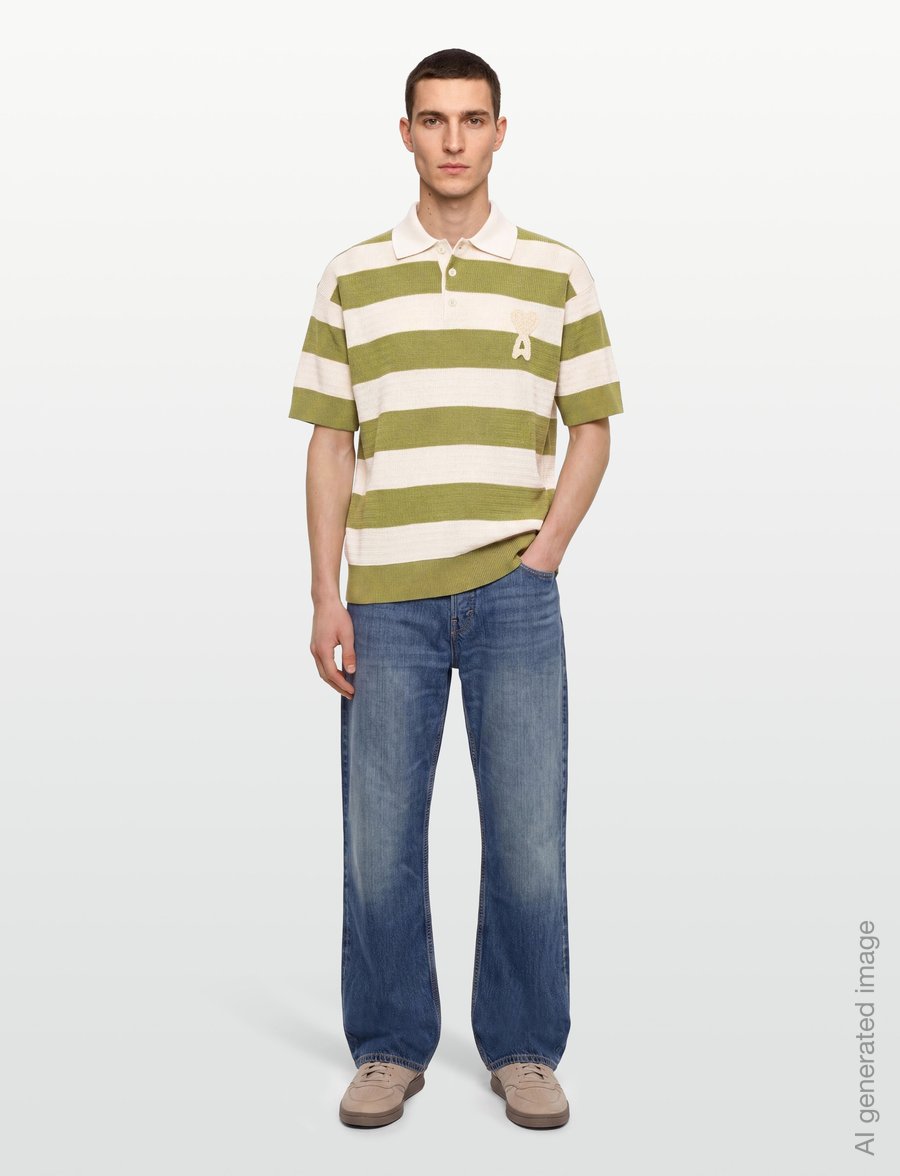AMI - Ami De Coeur Striped Cotton Polo Shirt - kortärmade pikéer - green - 0