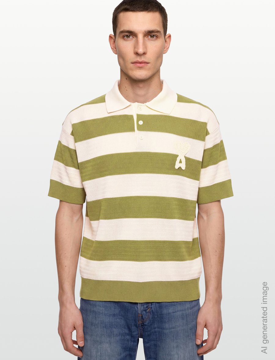 AMI - Ami De Coeur Striped Cotton Polo Shirt - kortärmade pikéer - green - 3