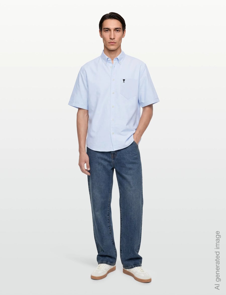 AMI - Button Down Short Sleeve Shirt Ami De Coeur In Cotton Oxford - oxford-hemden - blue - 0