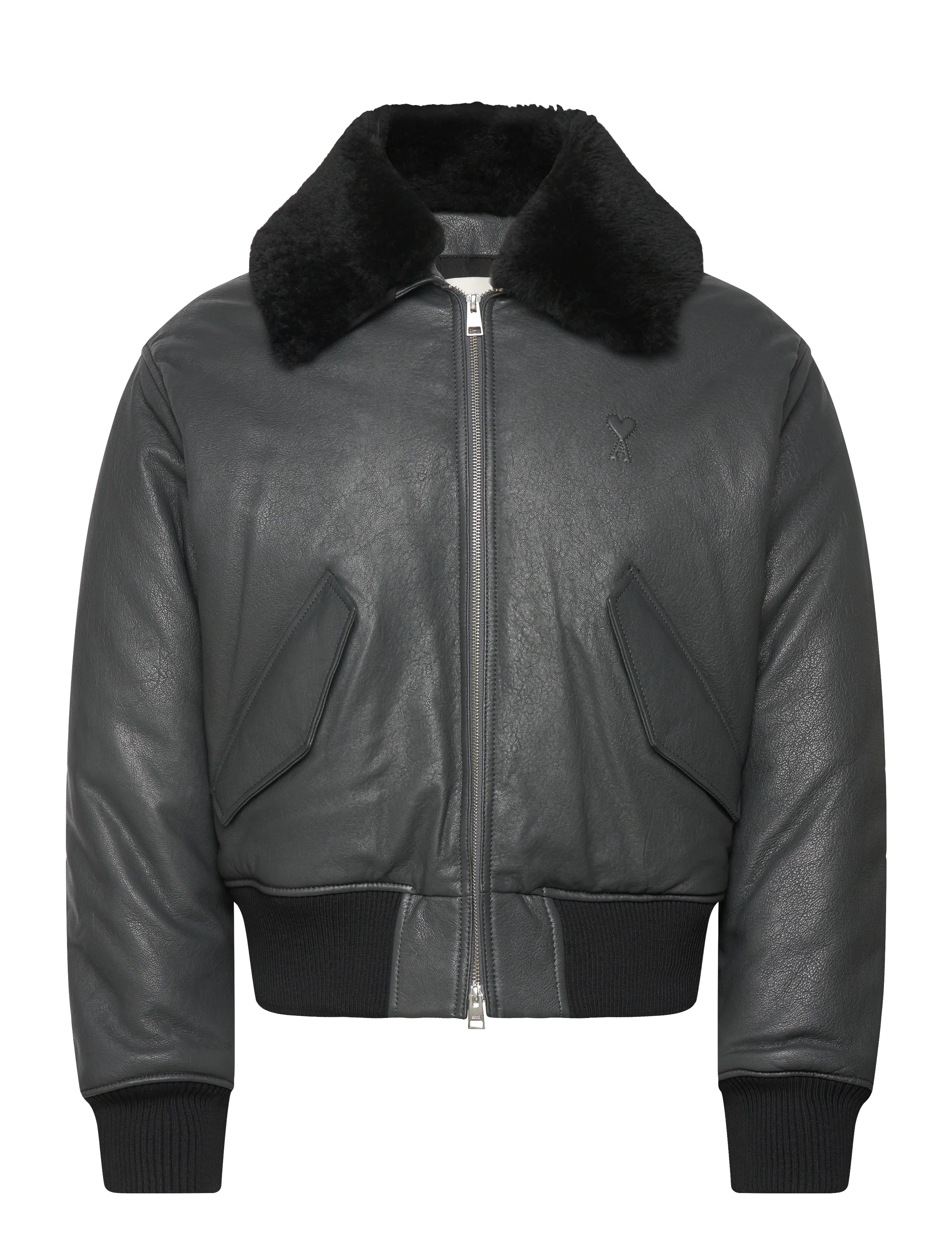 AMI Leder Zipped Jacke Grau - S - Herren