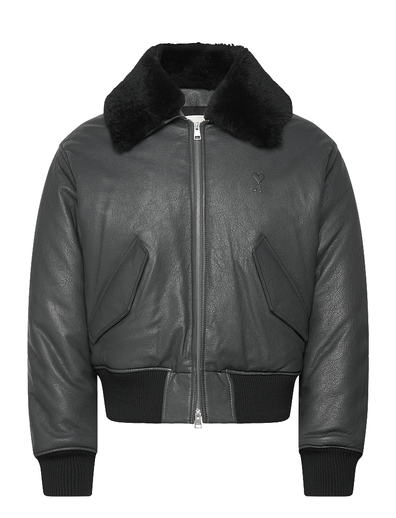 AMI - LEATHER ZIPPED JACKET - vårjackor - 020 : anthracite - 0