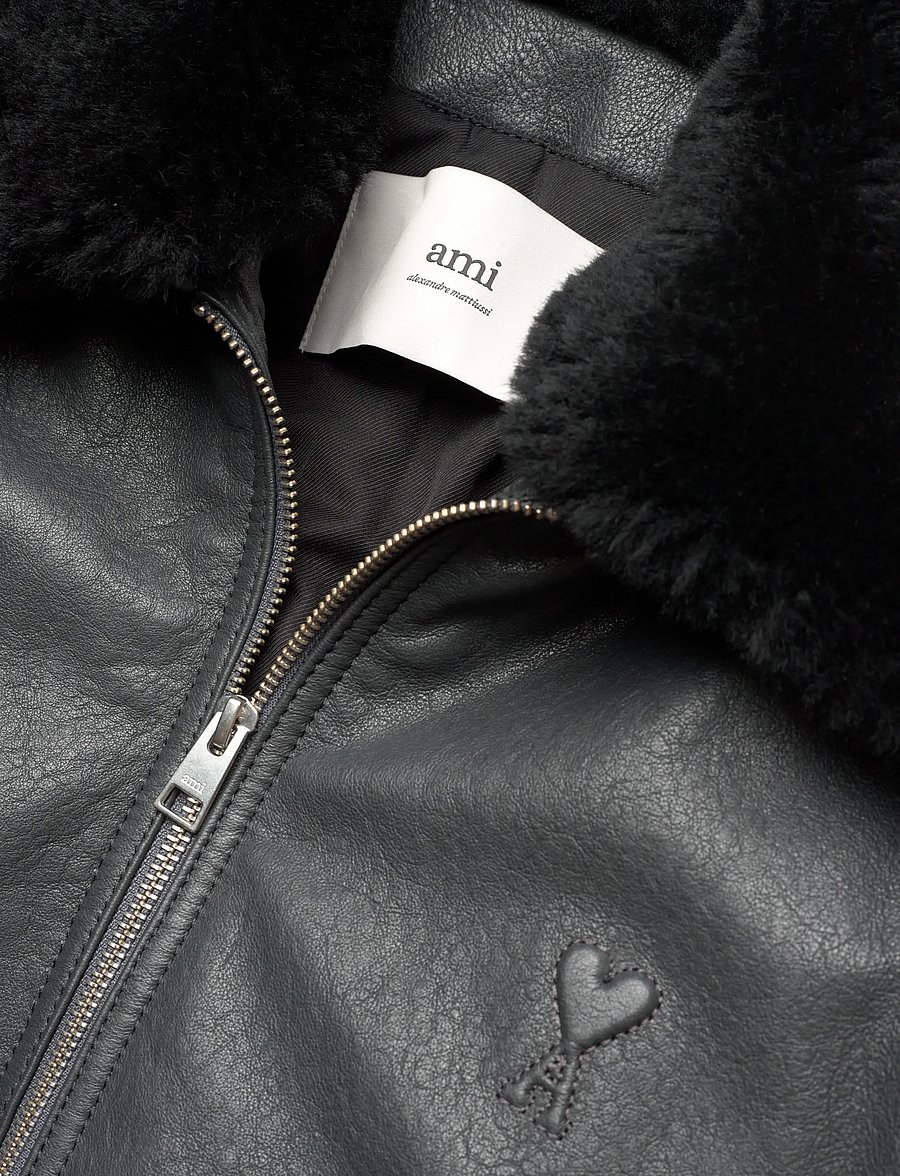 AMI - LEATHER ZIPPED JACKET - herbstjacken - 020 : anthracite - 2