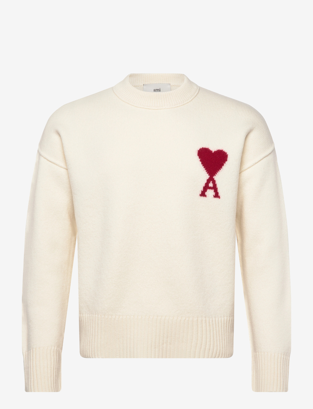 AMI - CREWNECK SWEATER WITH CONTRASTED AMI DE COEUR - knitted round necks - 154 : ecru/rouge - 0