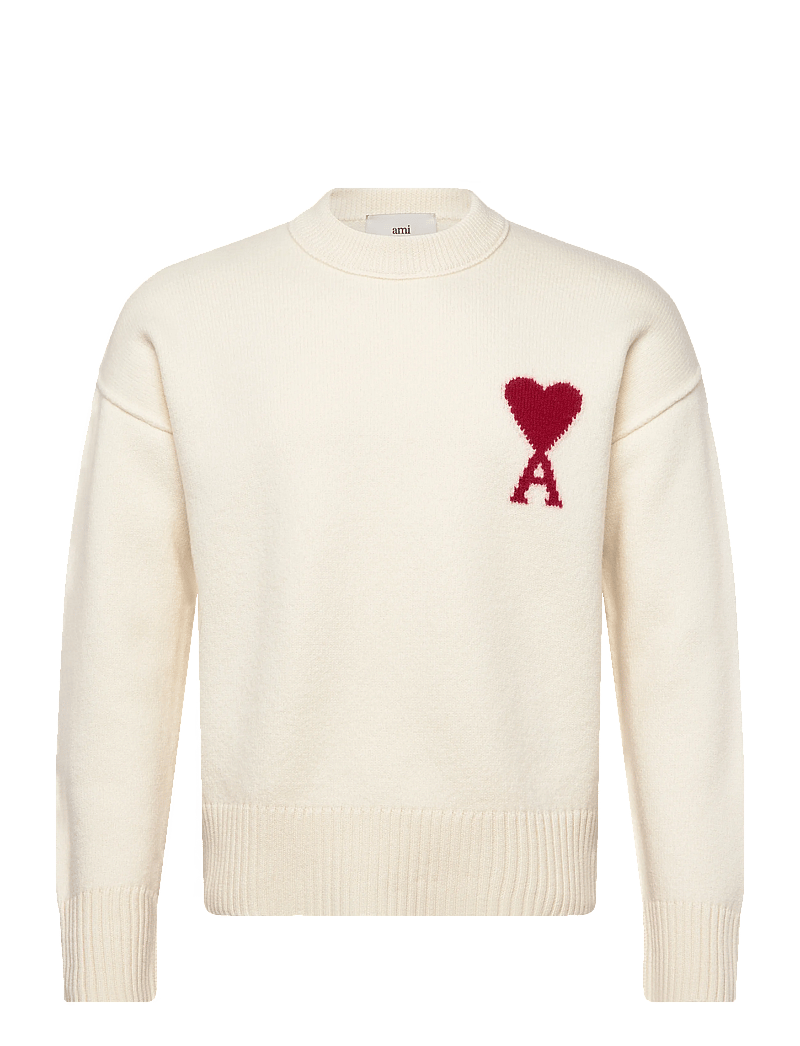 AMI - CREWNECK SWEATER WITH CONTRASTED AMI DE COEUR - knitted round necks - 154 : ecru/rouge - 0