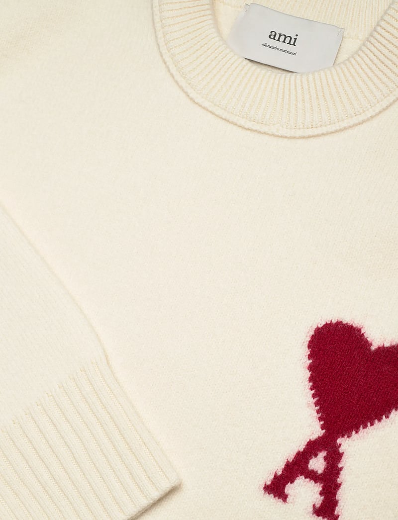AMI - CREWNECK SWEATER WITH CONTRASTED AMI DE COEUR - knitted round necks - 154 : ecru/rouge - 2