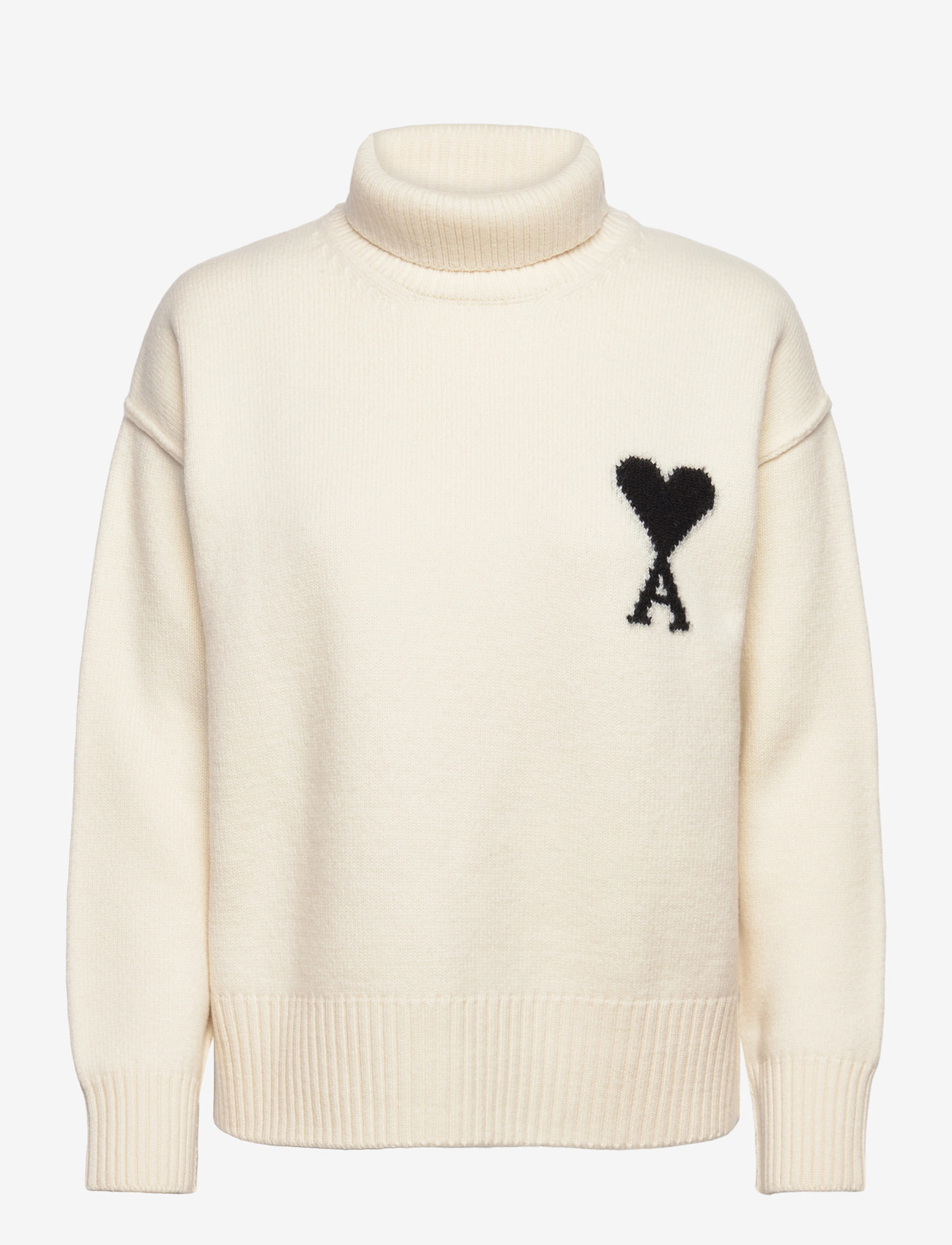 AMI - FUNNEL NECK SWEATER WITH CONTRASTED AMI DE COEUR - kõrge kaelusega džemprid - 151 : ecru/noir - 0