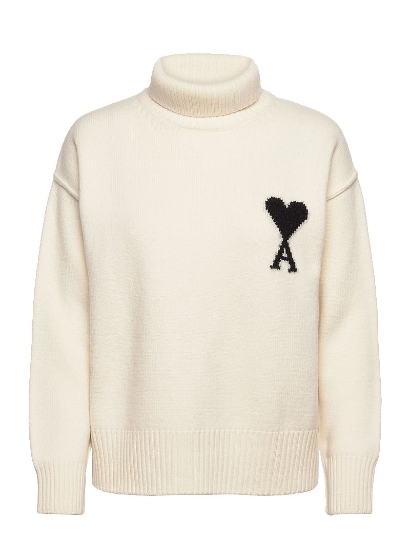 AMI - FUNNEL NECK SWEATER WITH CONTRASTED AMI DE COEUR - kõrge kaelusega džemprid - 151 : ecru/noir - 0