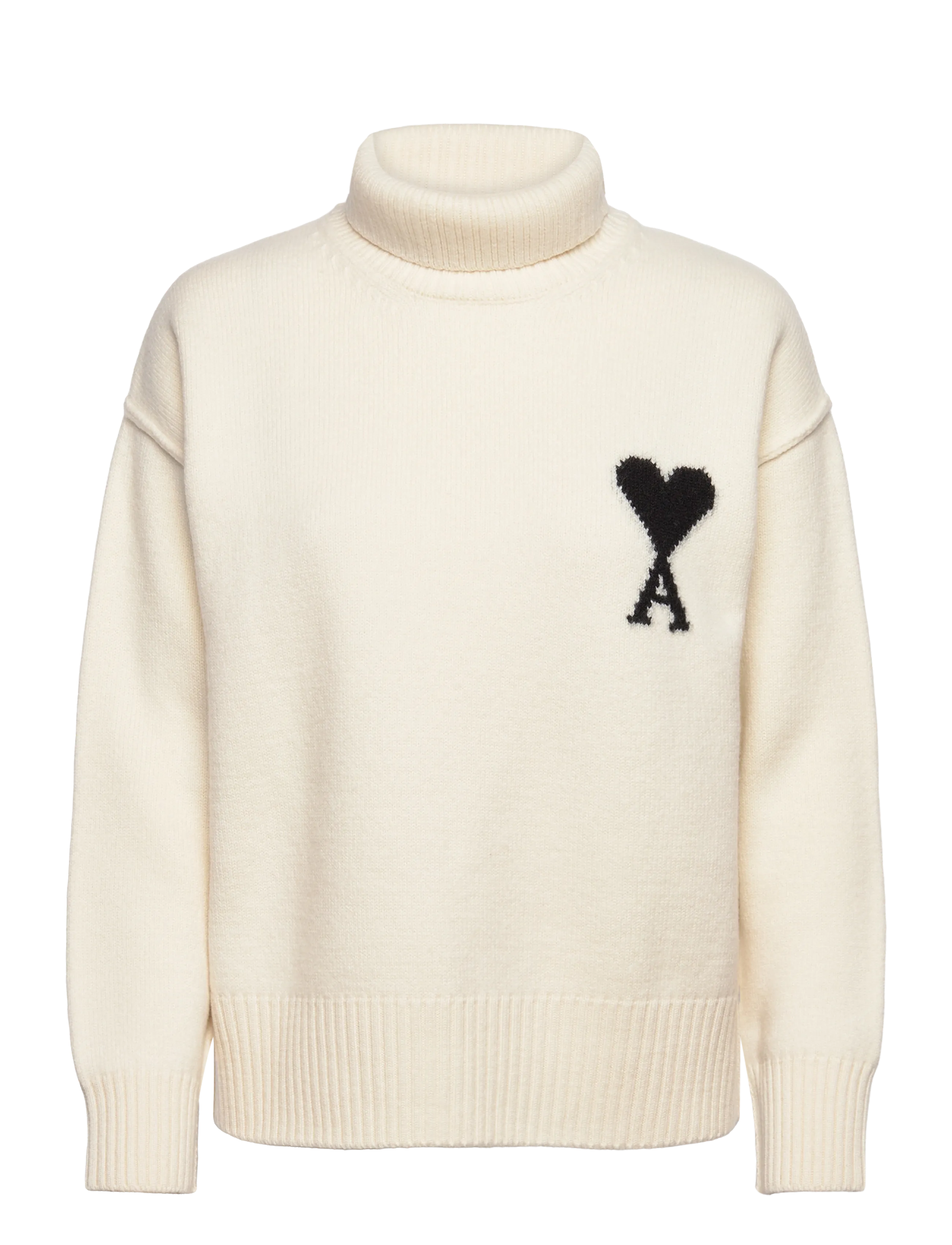 AMI FUNNEL NECK SWEATER WITH CONTRASTED AMI DE COEUR - Kleding - 151 : ECRU/NOIR / white
