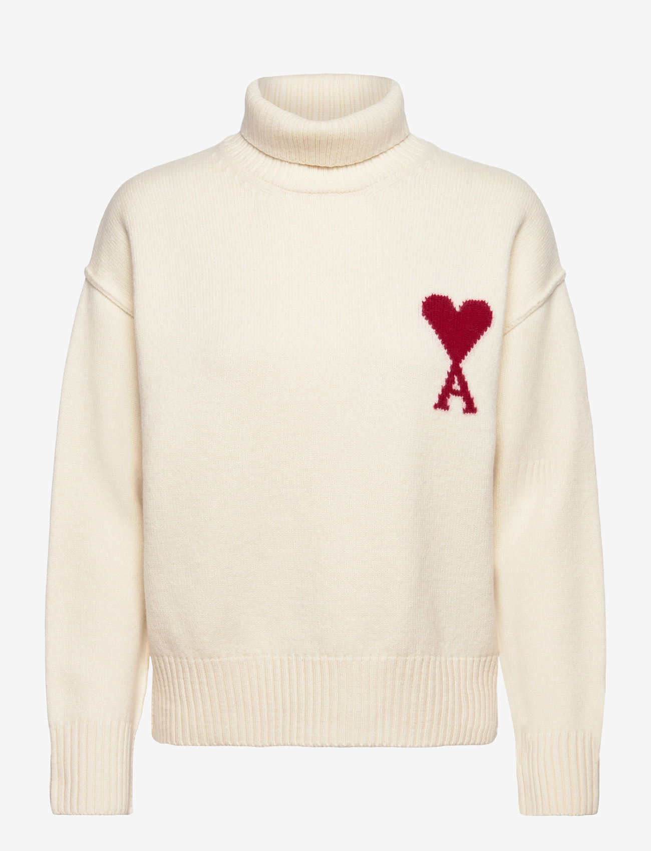 AMI - FUNNEL NECK SWEATER WITH CONTRASTED AMI DE COEUR - kõrge kaelusega kudumid - 154 : ecru/rouge - 0