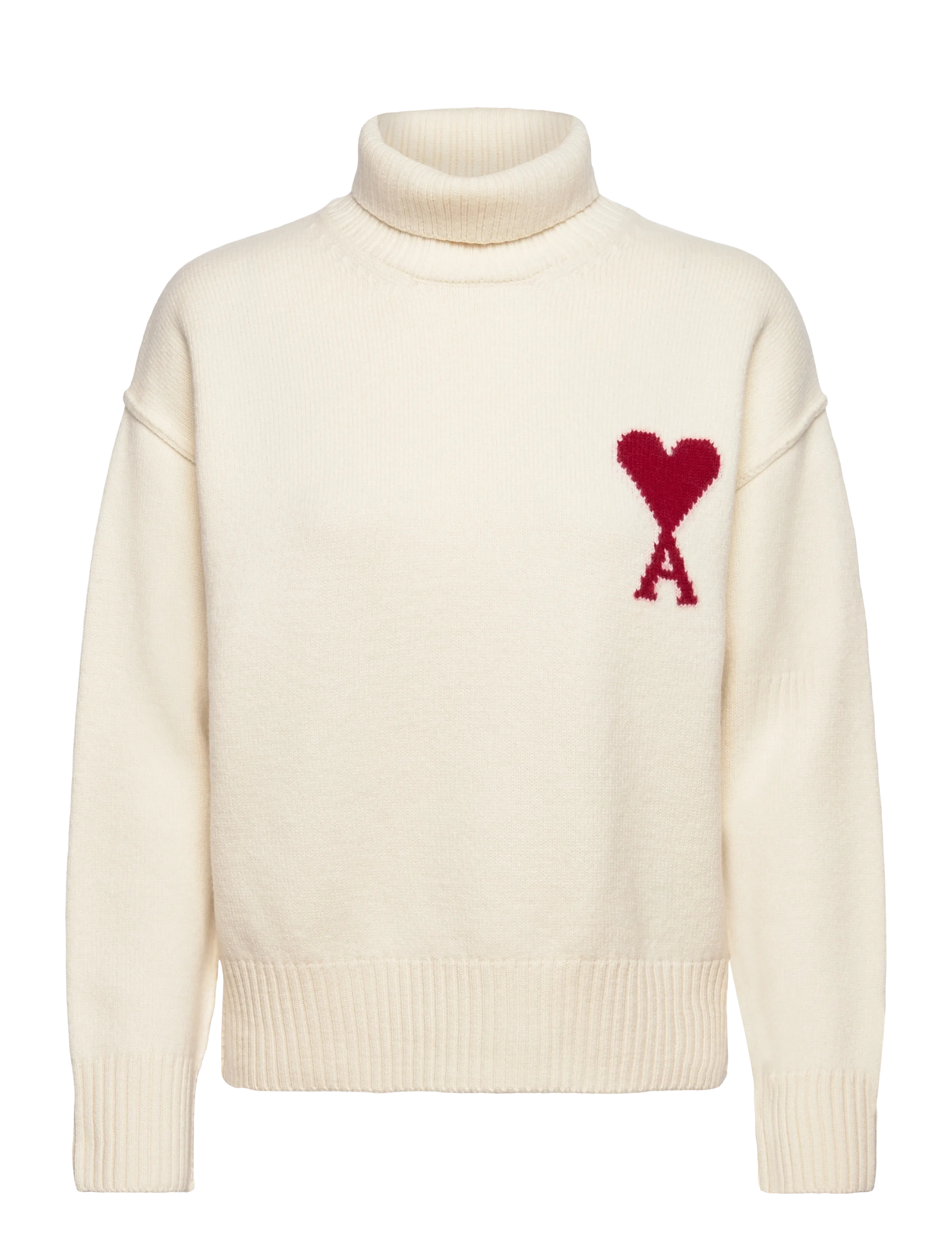 AMI FUNNEL NECK SWEATER WITH CONTRASTED AMI DE COEUR -  - 154 : ECRU/ROUGE / cream
