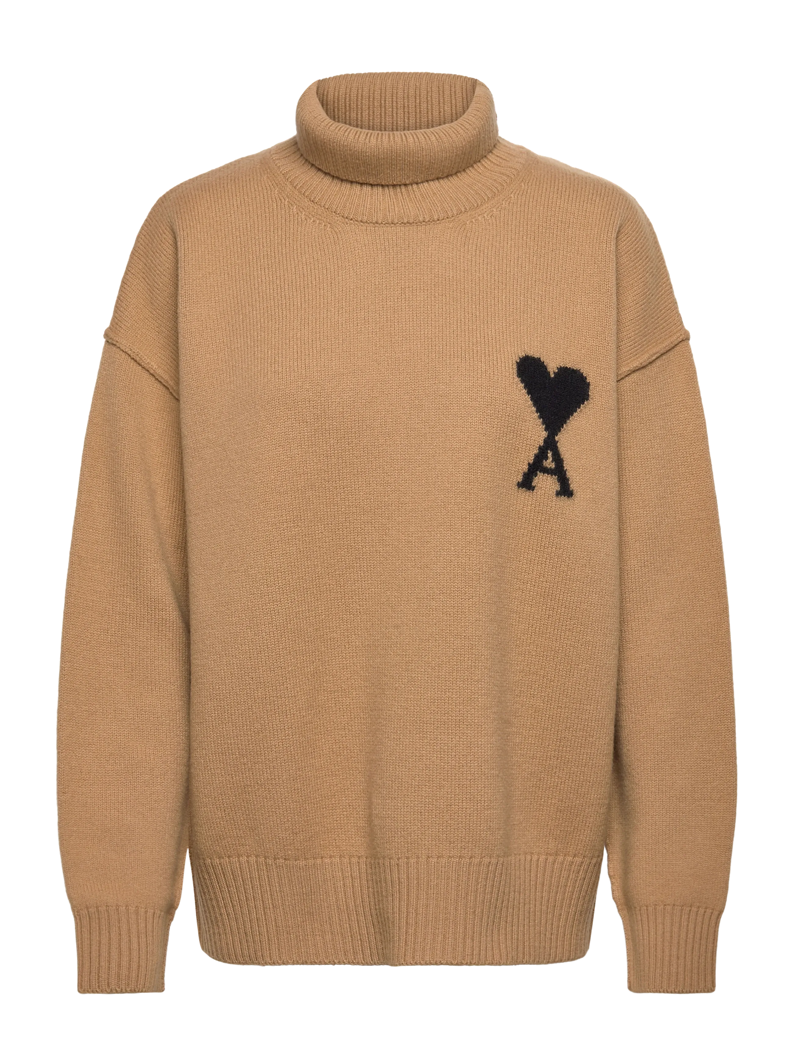 AMI FUNNEL NECK SWEATER WITH CONTRASTED AMI DE COEUR - AMI - 288 : CAMEL/NOIR / beige