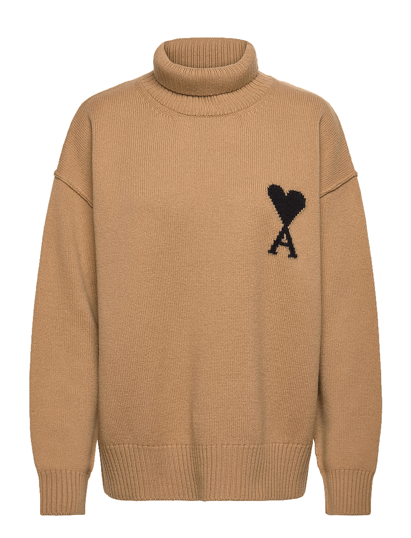 AMI - FUNNEL NECK SWEATER WITH CONTRASTED AMI DE COEUR - rollkragenpullover - 288 : camel/noir - 0