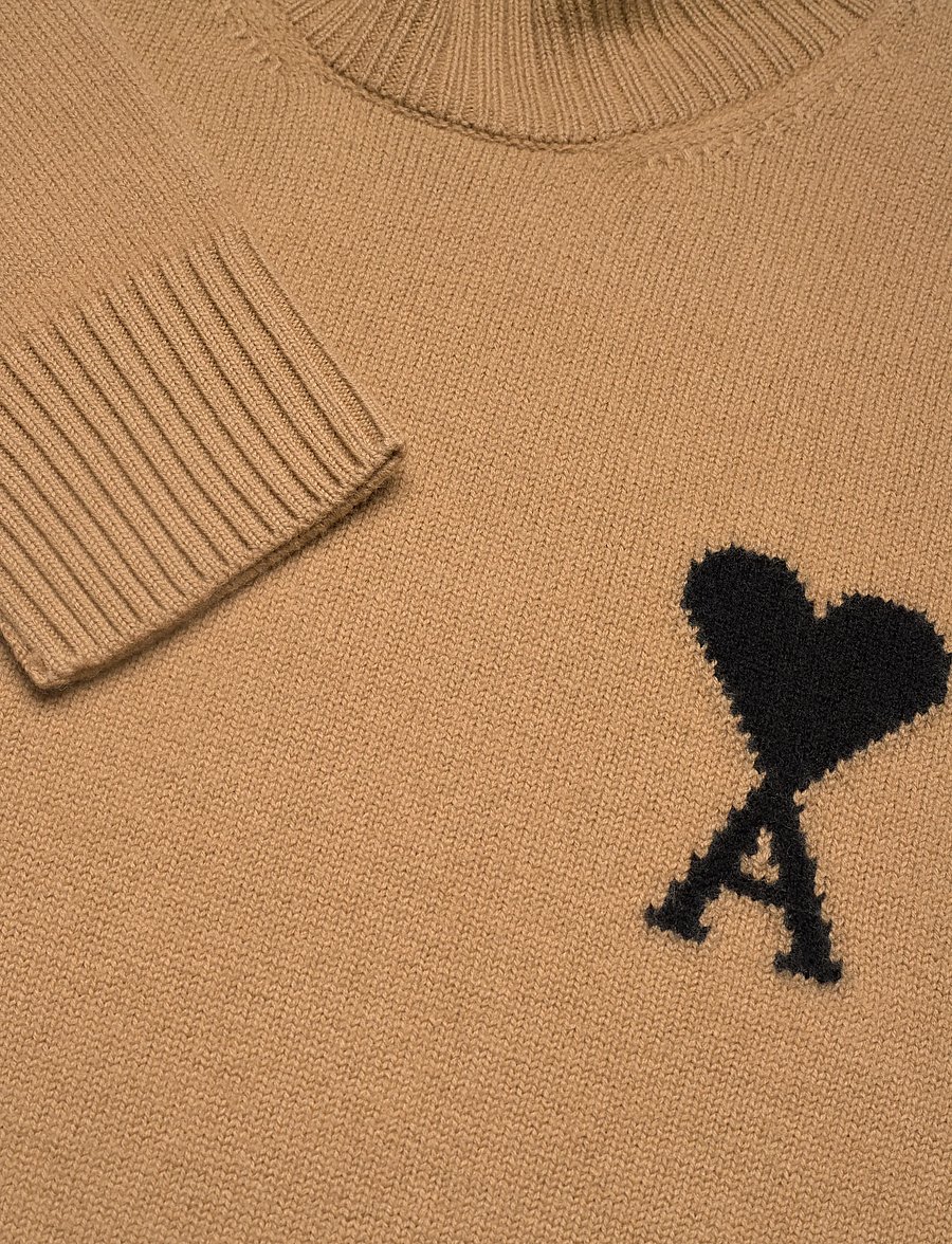 AMI - FUNNEL NECK SWEATER WITH CONTRASTED AMI DE COEUR - rollkragenpullover - 288 : camel/noir - 2