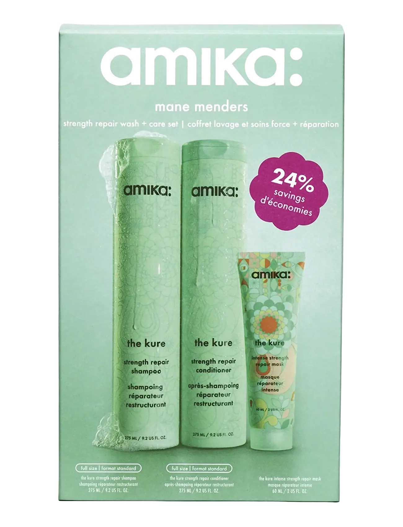 AMIKA Mane Menders Strength Repair Wash + Care Set, Shampoo, Grøn, Str: ONE SIZE