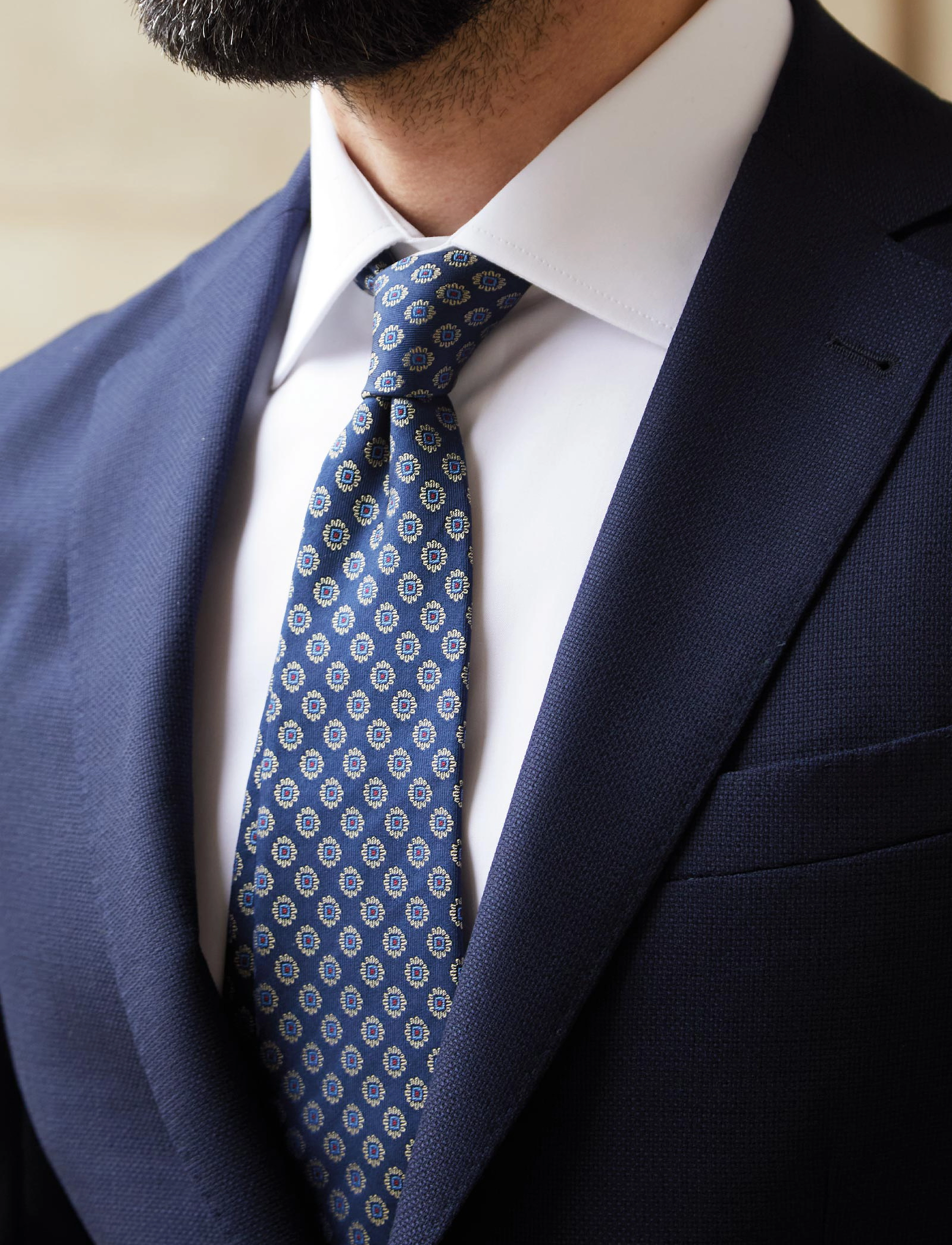AN IVY Navy Woven Flower Silk Tie, One Size, Navy, Tilbehør > Slips, Herre