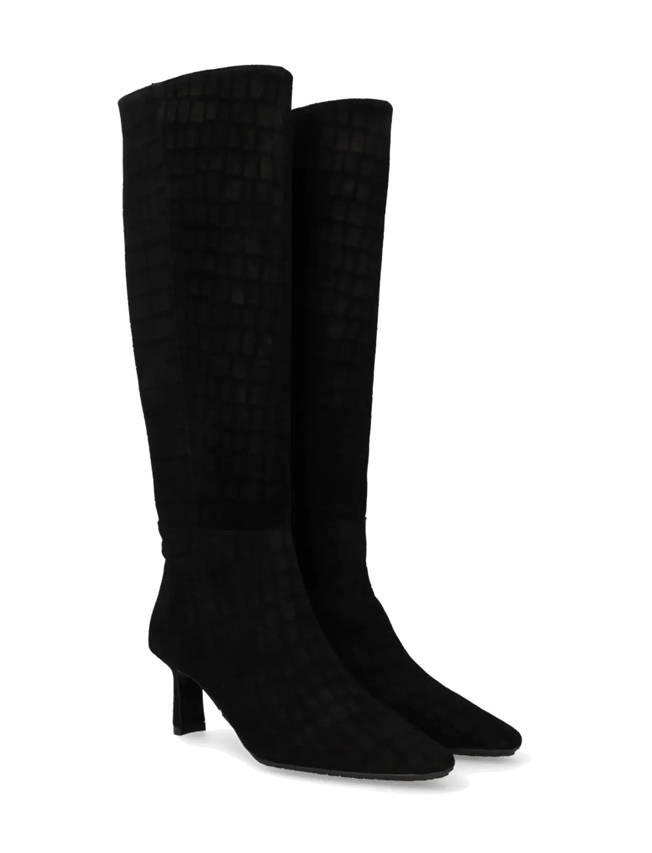 ANGULUS Bootie - block heel - Langskaftede støvler - 4721 BLACK CROCO SUEDE / black
