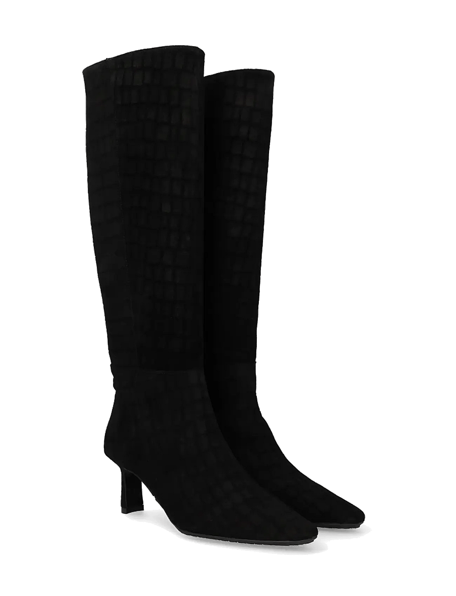 ANGULUS - Bootie - block heel - põlveni saapad - 4721 black croco suede - 0