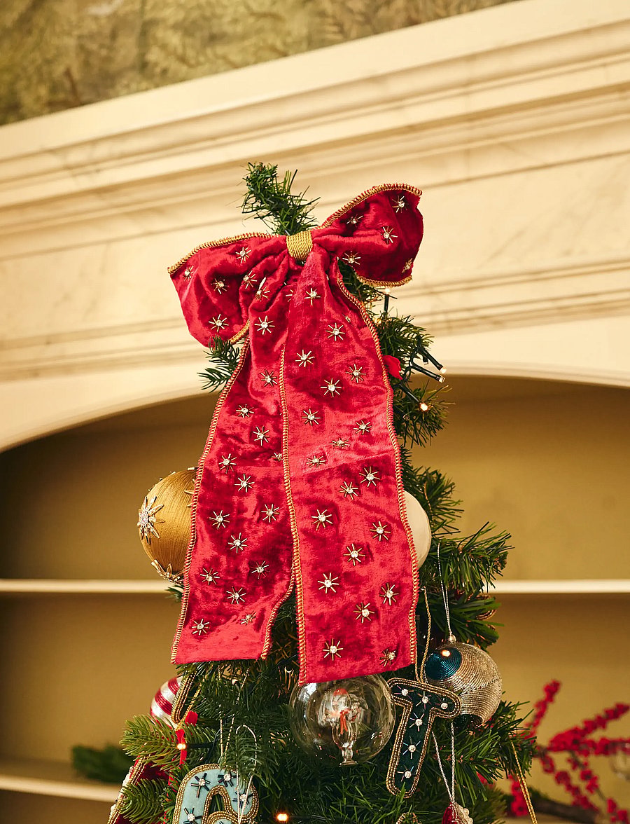 Anna + Nina - Beaded Crimson Luxe Bow Tree Topper - weihnachtskugeln - red - 0