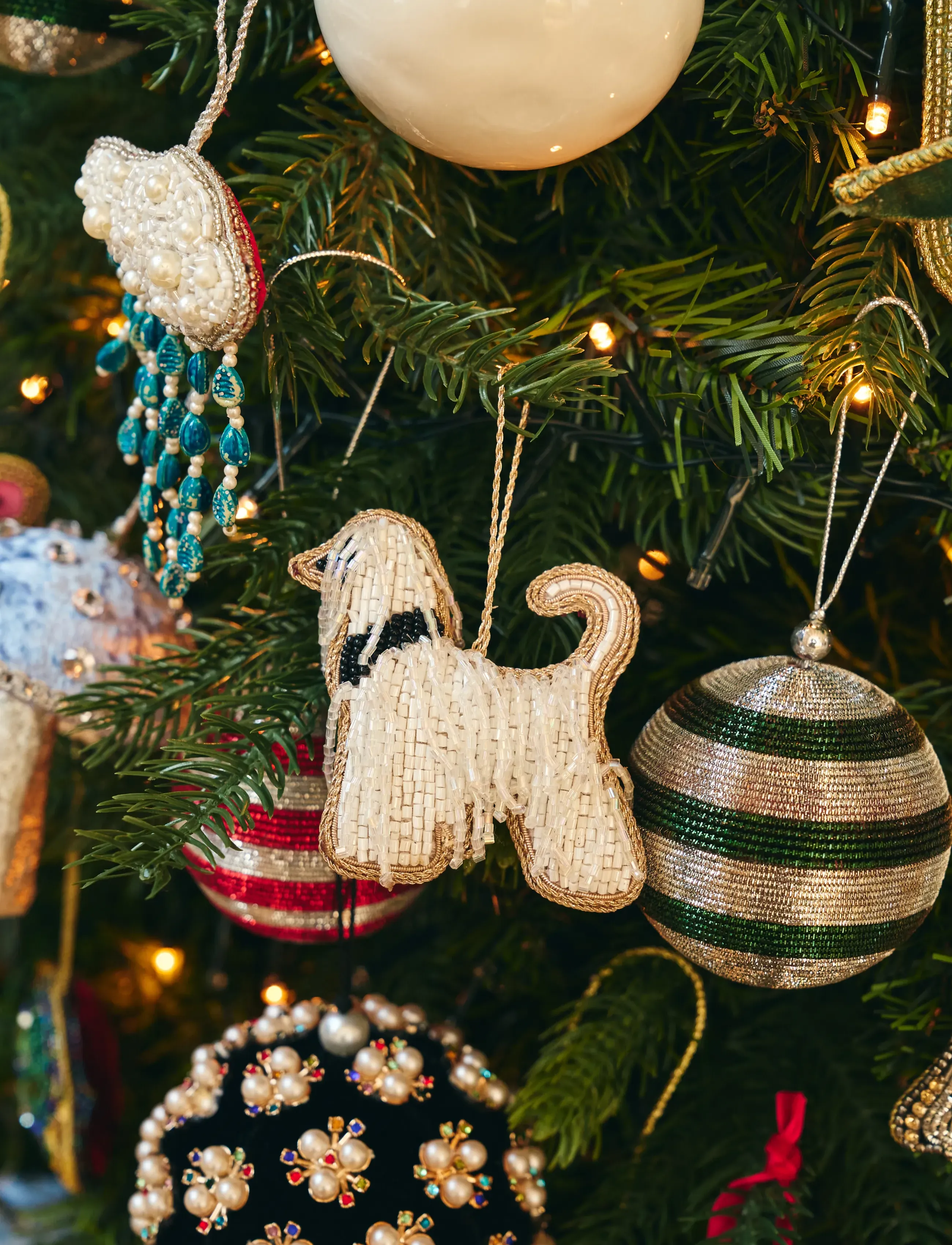 Anna + Nina - Beaded Fancy Dog Ornament - white - 0
