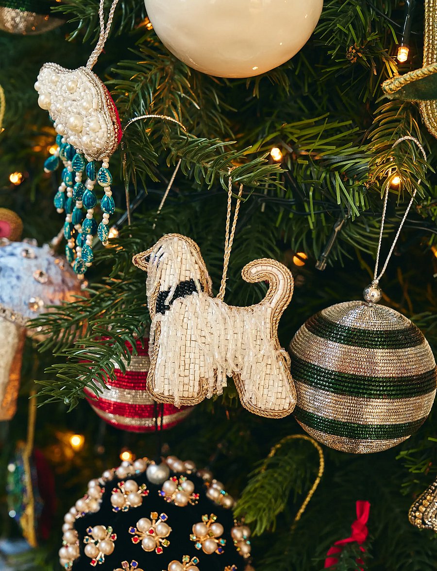 Anna + Nina - Beaded Fancy Dog Ornament - white - 0