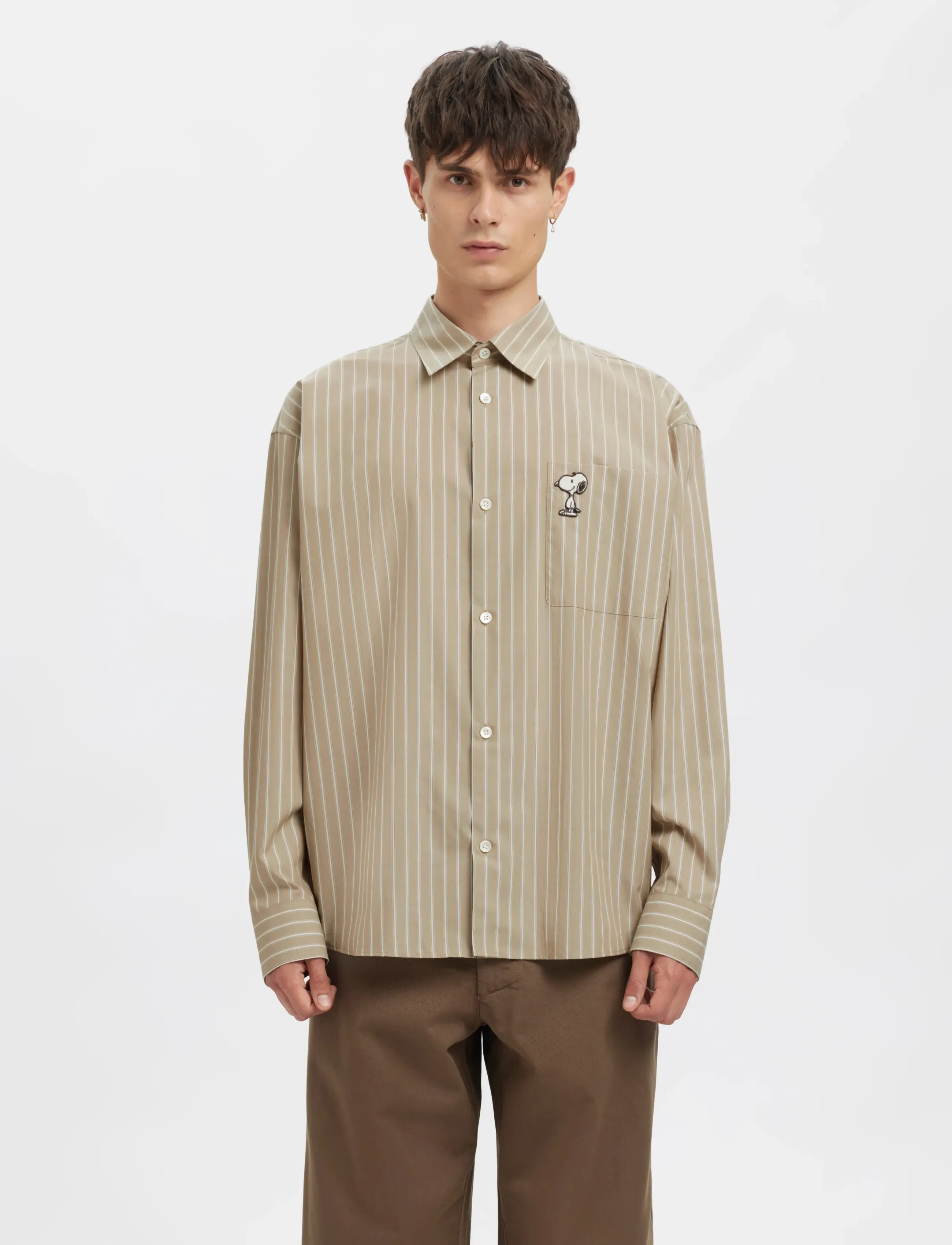 Annarr Anrvolund Poplin Snoopy Ls Shirt, Mænd, Snoopy Stribet Langærmet Skjorte, Beige, Str: XL