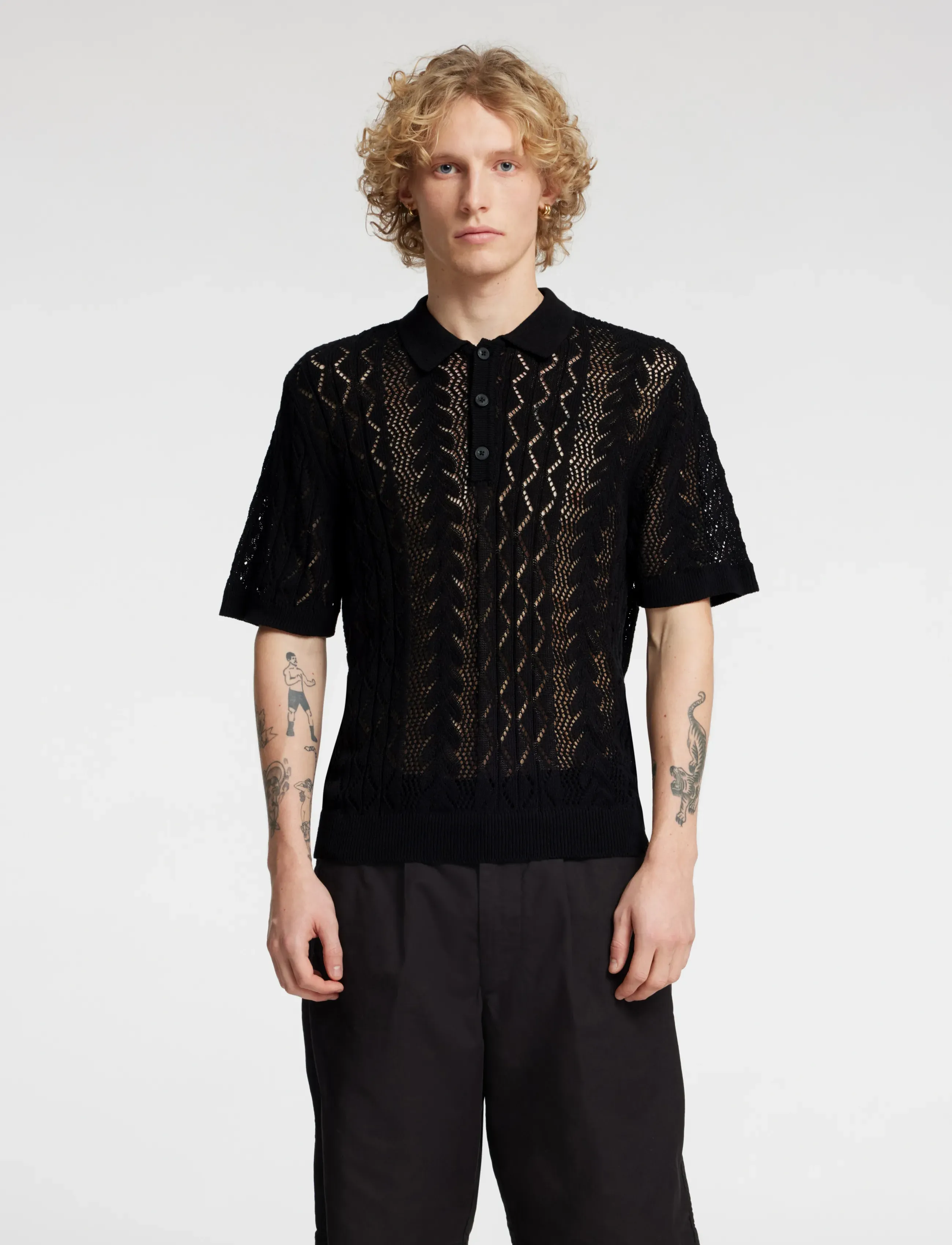 Annarr Anrmani Crochet Polo, S, Black, Poloer > Kortærmede, Herre