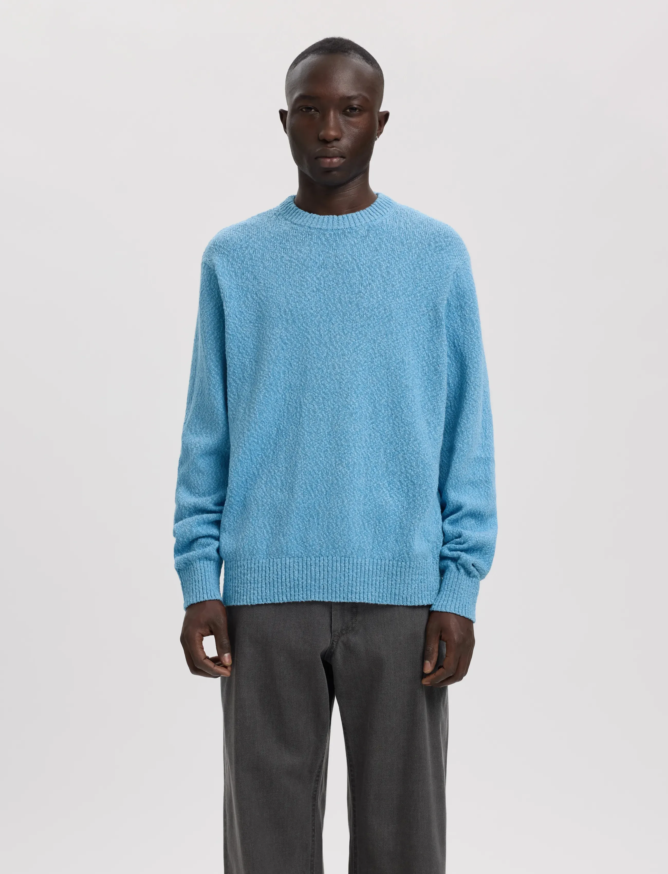 Annarr Anrragi Boucle Ls Knit Crew Neck, Mænd, Bouclé Rund Hals Striktrøje, Blå, Str: L