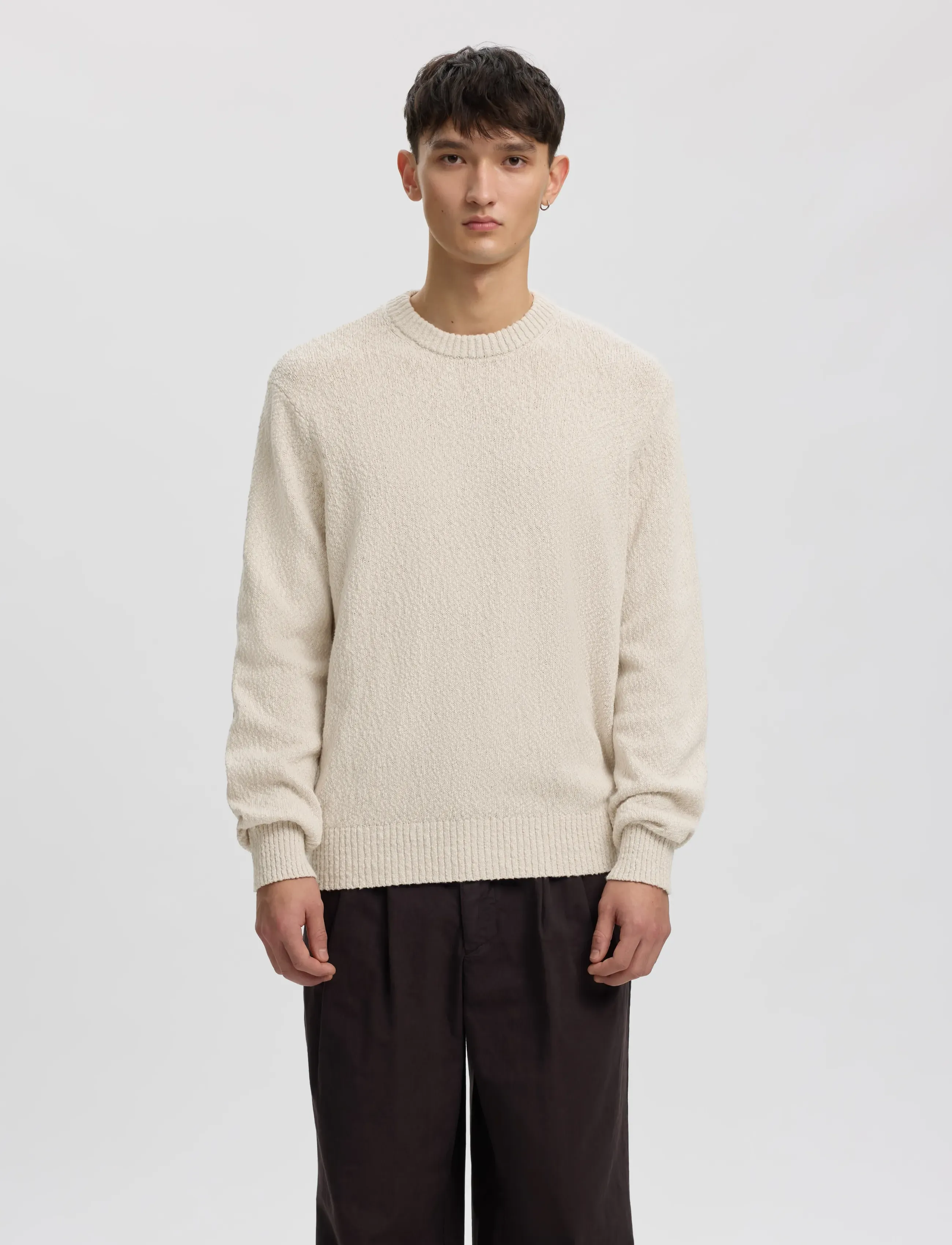 Annarr Anrragi Boucle Ls Knit Crew Neck, Mænd, Bouclé Rund Hals Striktrøje, Cream, Str: S