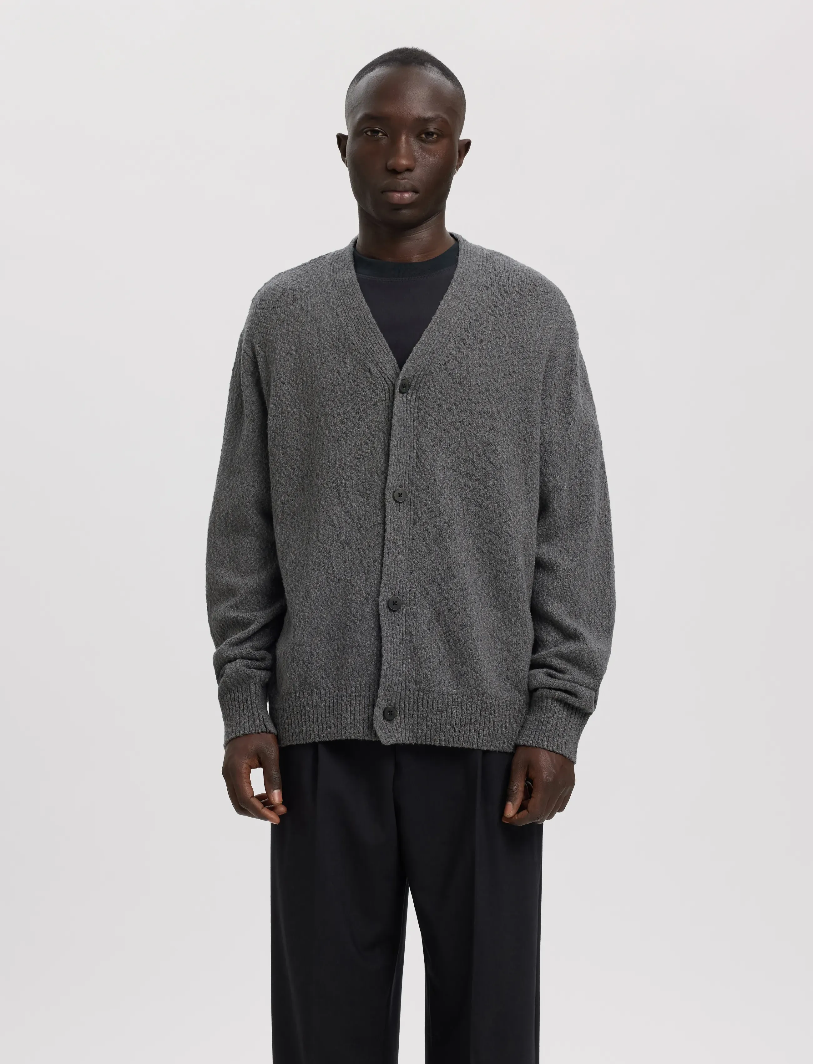 Annarr Anrrolf Boucle Ls Knit V-Neck Cardigan, Herren, Bouclé V-Ausschnitt Cardigan, Grau, Gr.M
