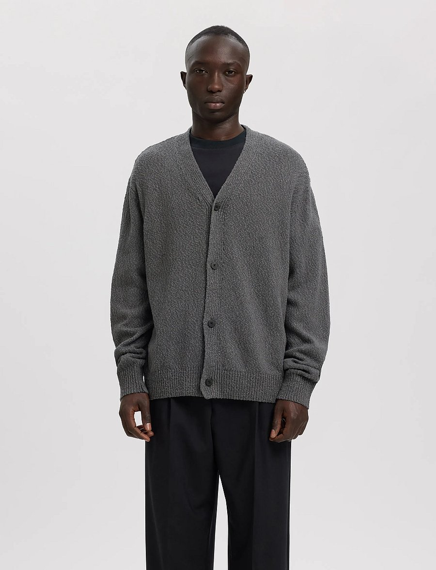 Annarr - ANRROLF BOUCLE LS KNIT V-NECK CARDIGAN - choal grey - 0