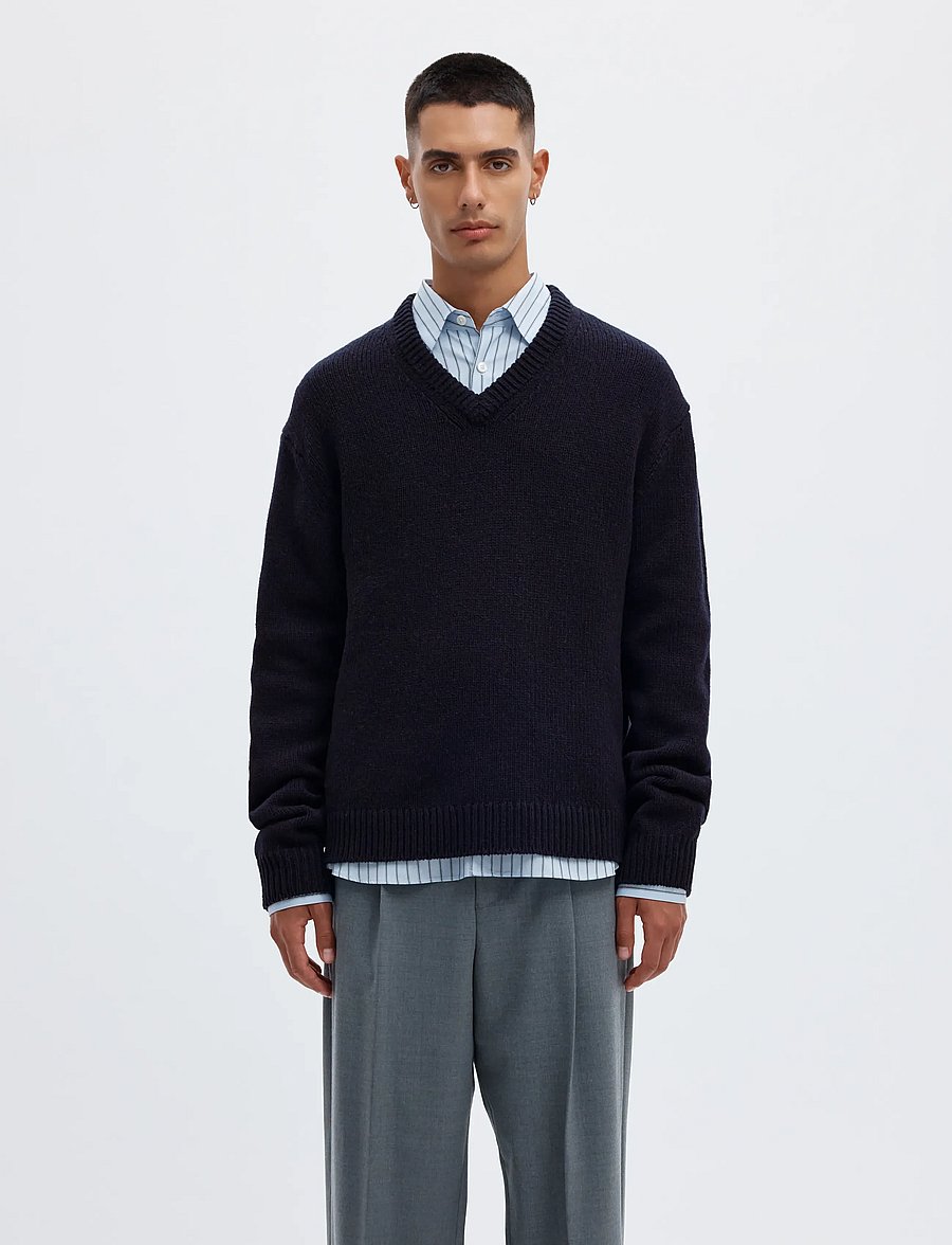 Annarr - ANRED LS KNIT WOOL V-NECK - dark navy - 0