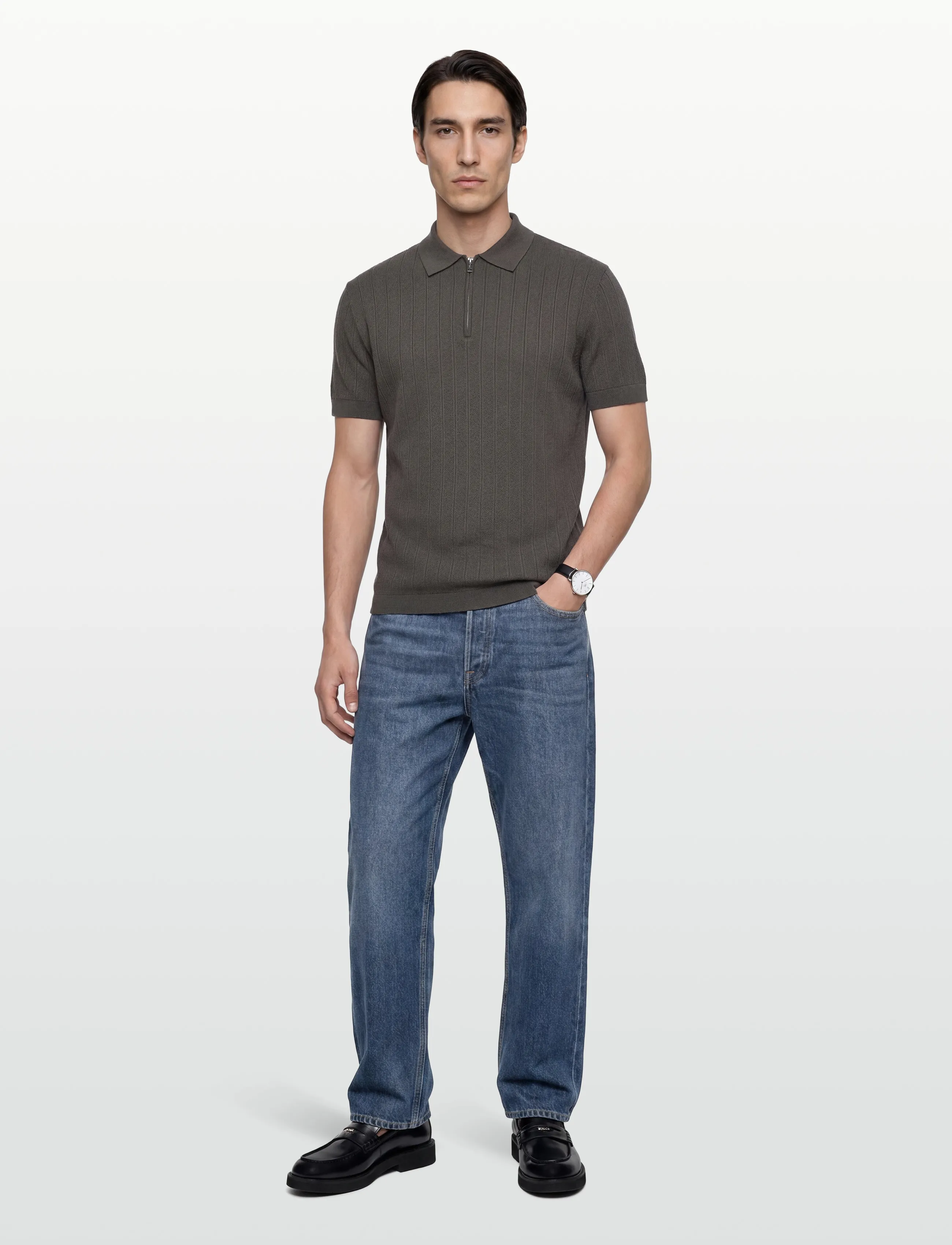 Armani Exchange Knit Polo, Strikket Lynlås Polo, Brun, Str: XL