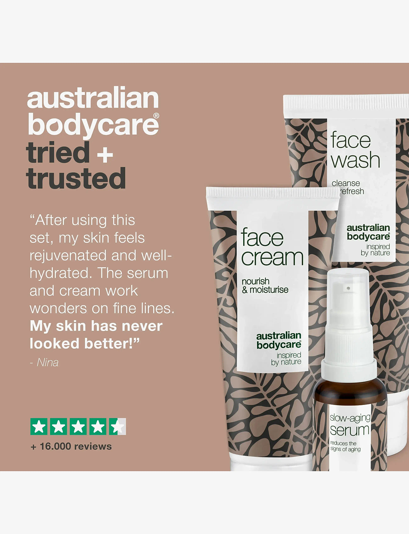 Australian Bodycare - Anti-age products for 50+ - 3 steps to reduce signs of aging - til ham - tea tree oil - 4