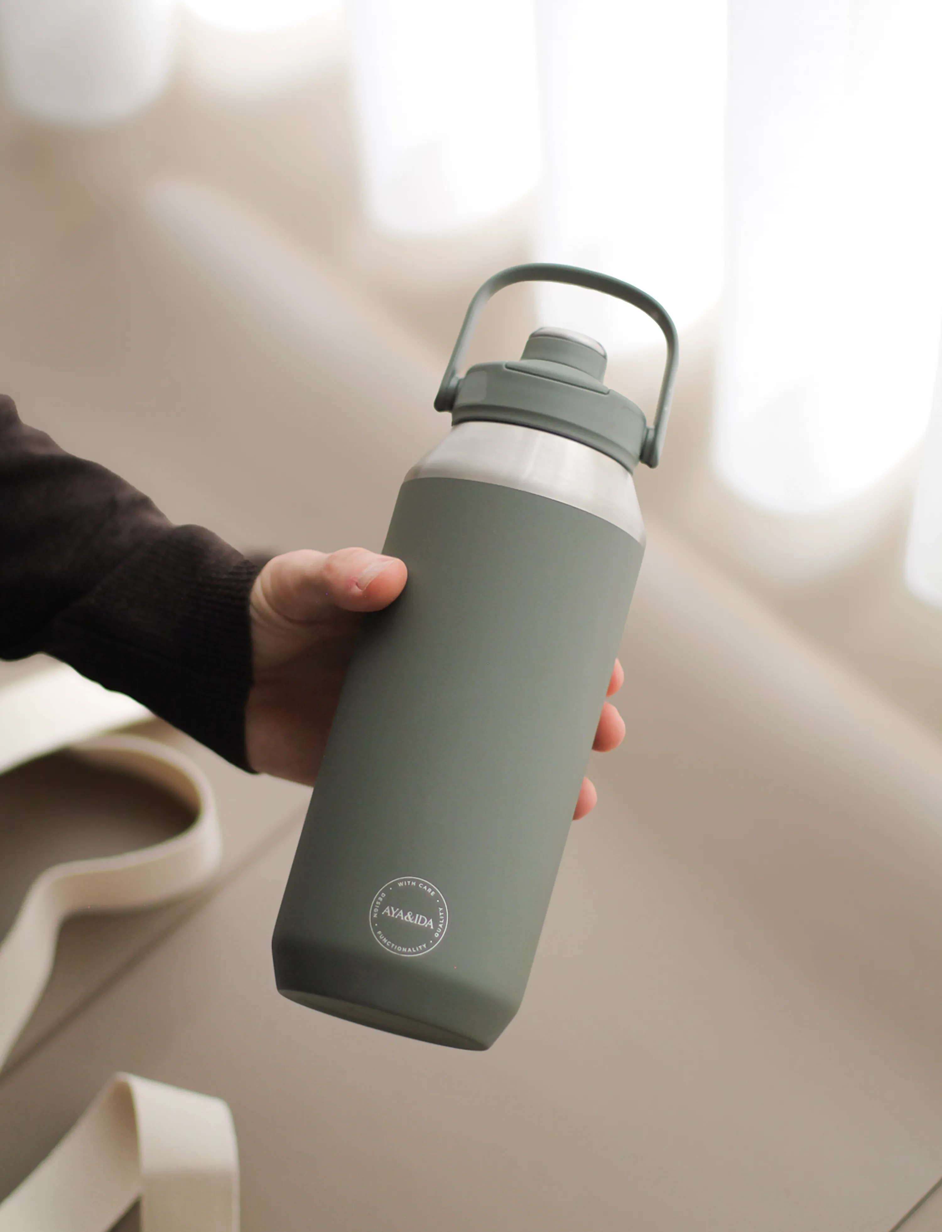 AYA&IDA Sports Bottle, 950 ml, Home, Khakigrün - Meal Time, Kinder
