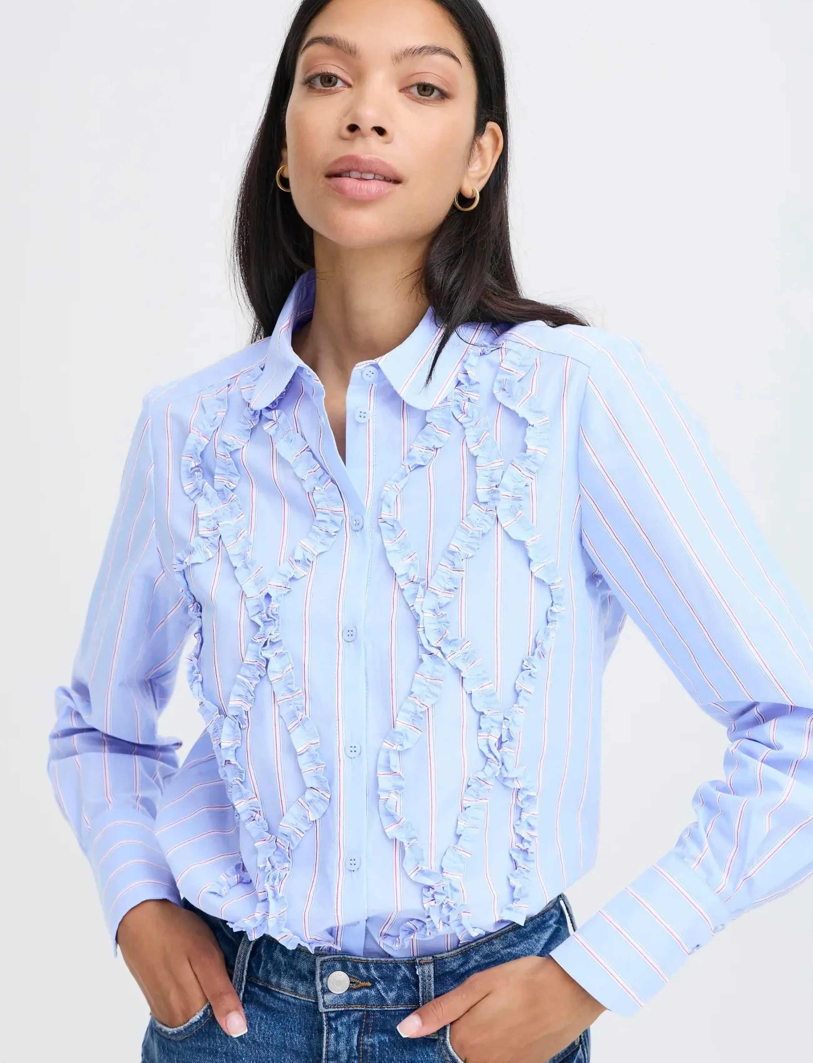 b.young - BYXJISOO FRILL DETAIL SHIRT - långärmade skjortor - light blue stripe - 4