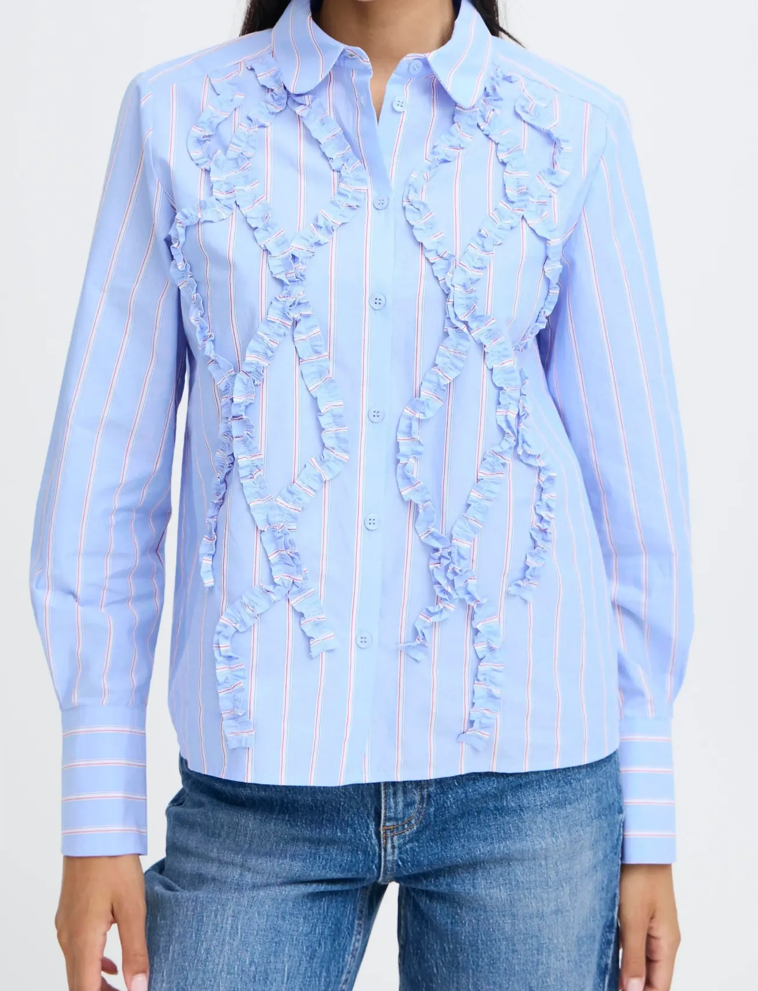 b.young - BYXJISOO FRILL DETAIL SHIRT - långärmade skjortor - light blue stripe - 5