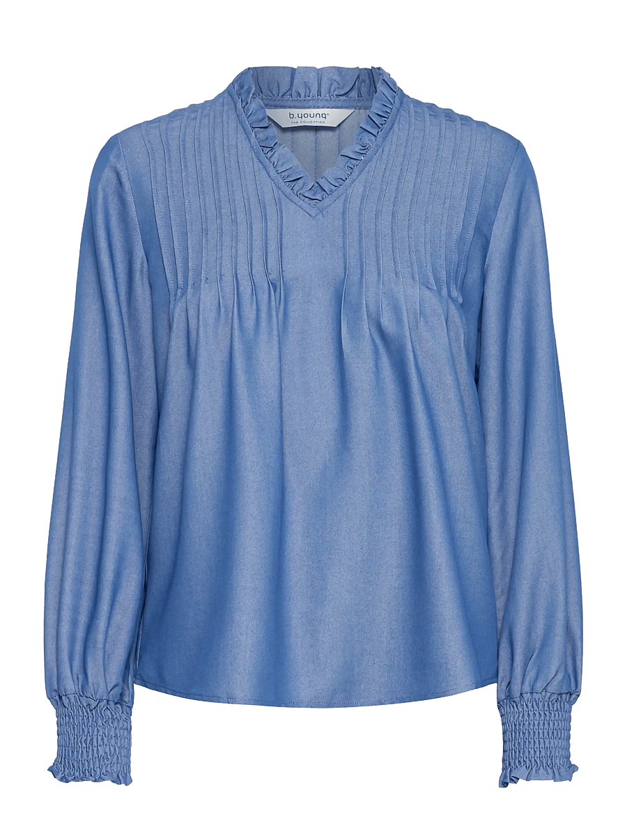 b.young - BYXKAORU VNECK BLOUSE - long sleeved blouses - mid blue denim - 1