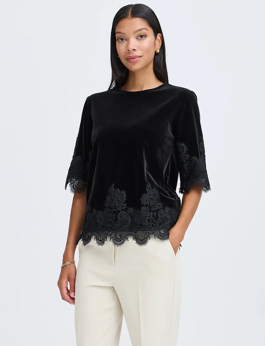 b.young - BYPERLINA LACE HEM BLOUSE - lühikeste varrukatega pluusid - meteorite - 0